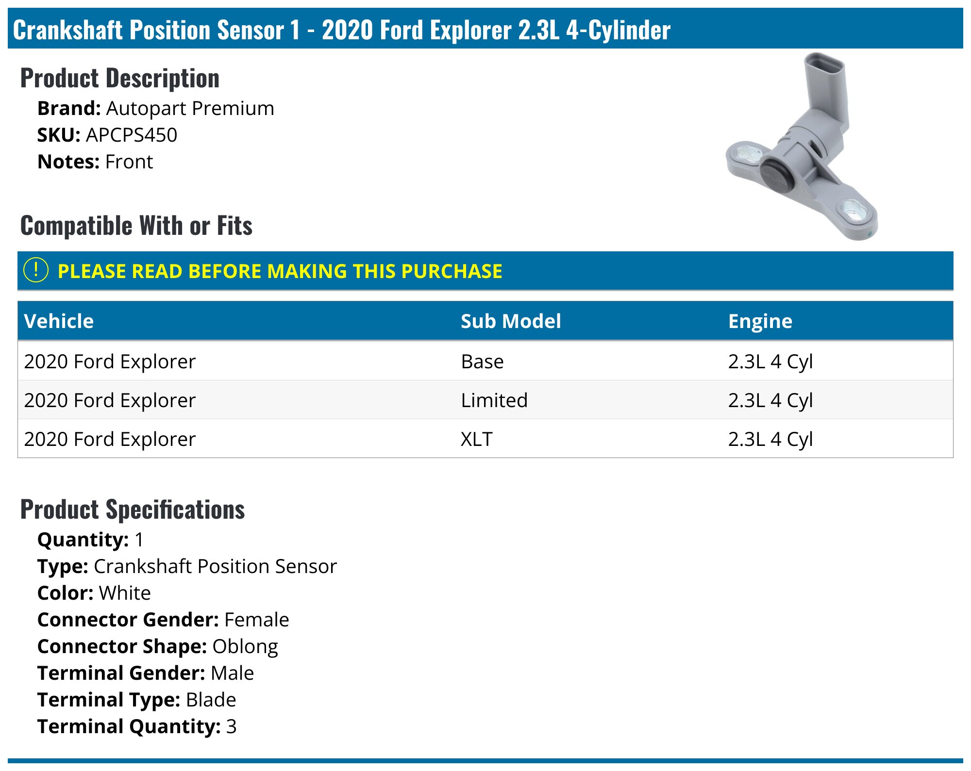 2020-2024 Ford Explorer Crank Position Sensor - Autopart Premium ...