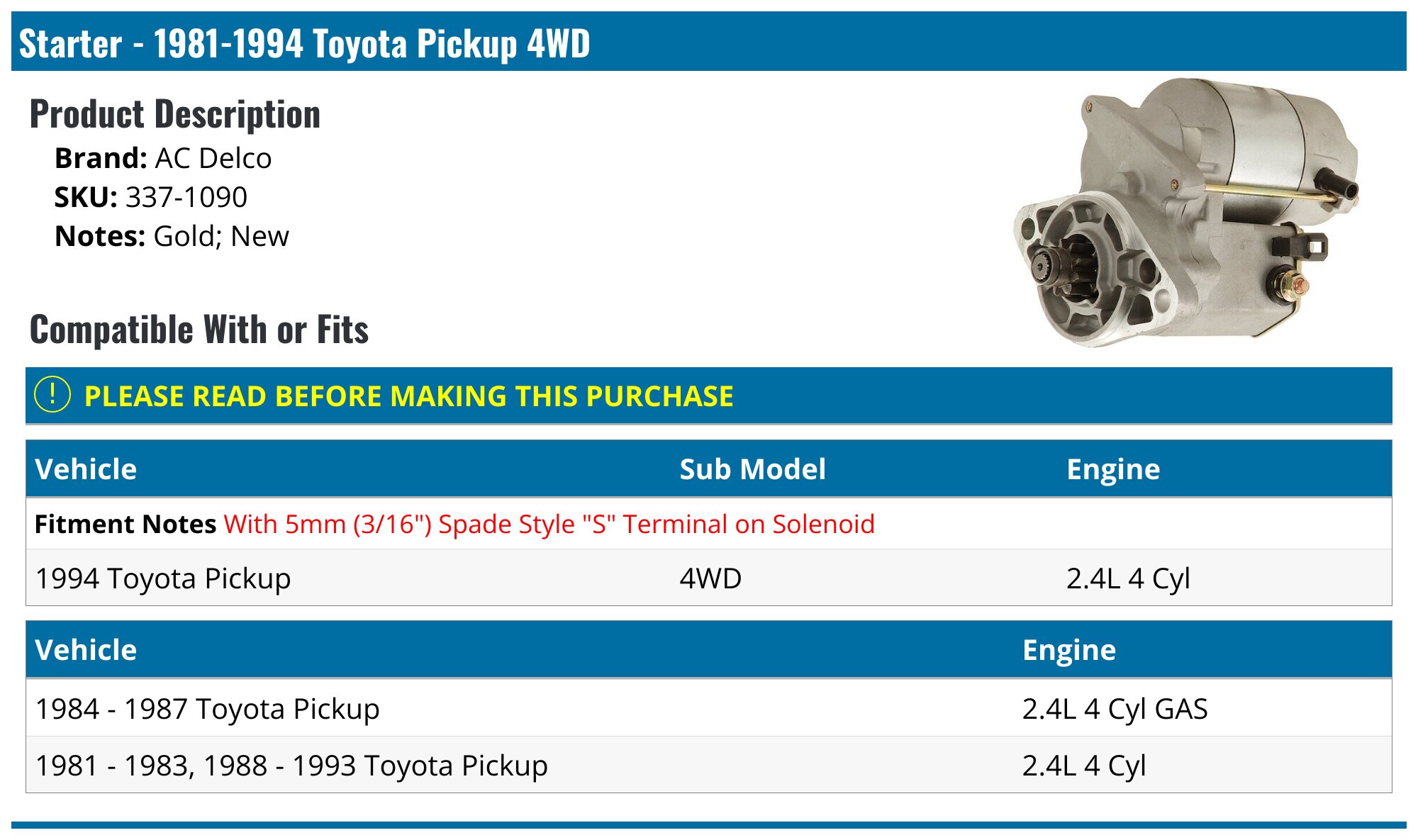 19811994 Toyota Pickup Starter AC Delco 3371090