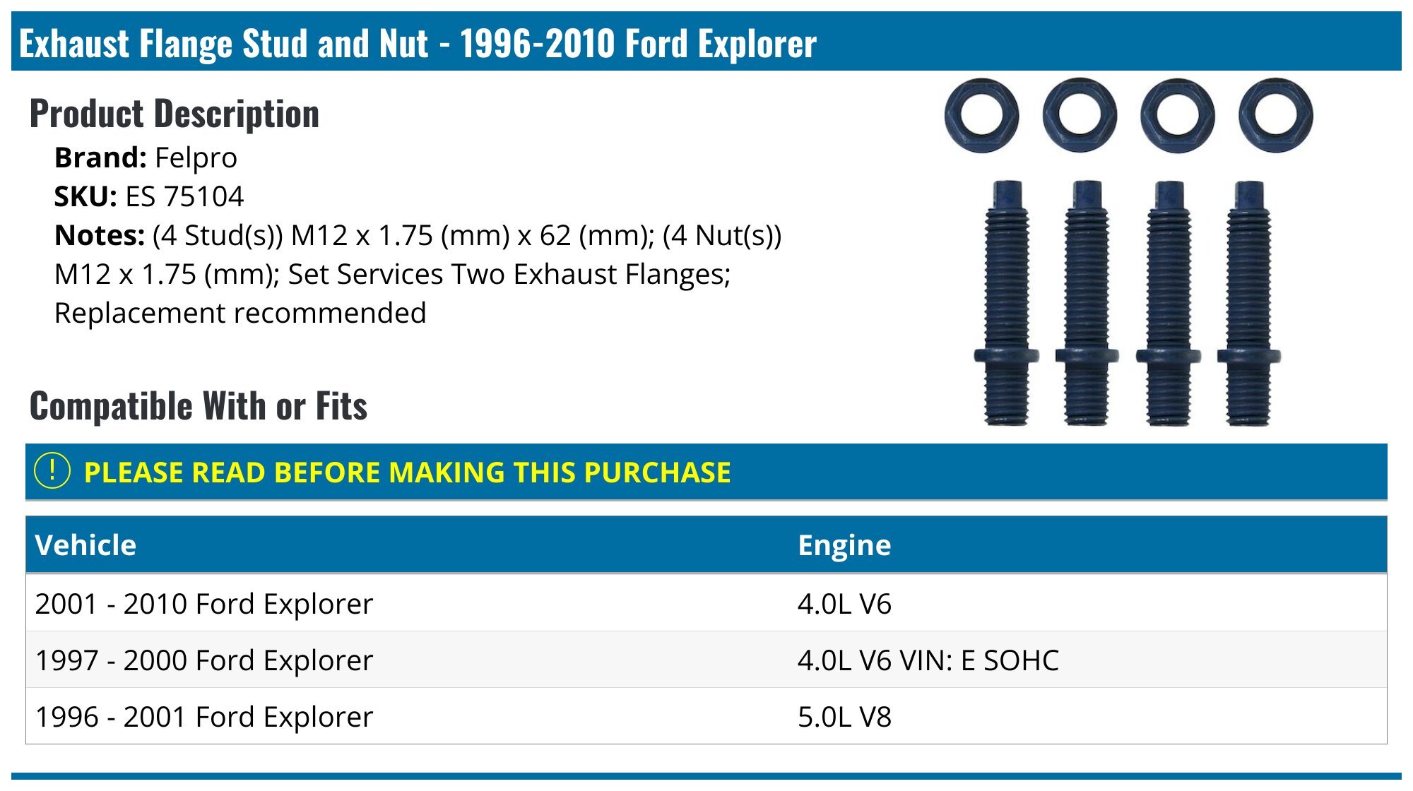 19962010 Ford Explorer Exhaust Flange Stud and Nut Felpro ES 75104