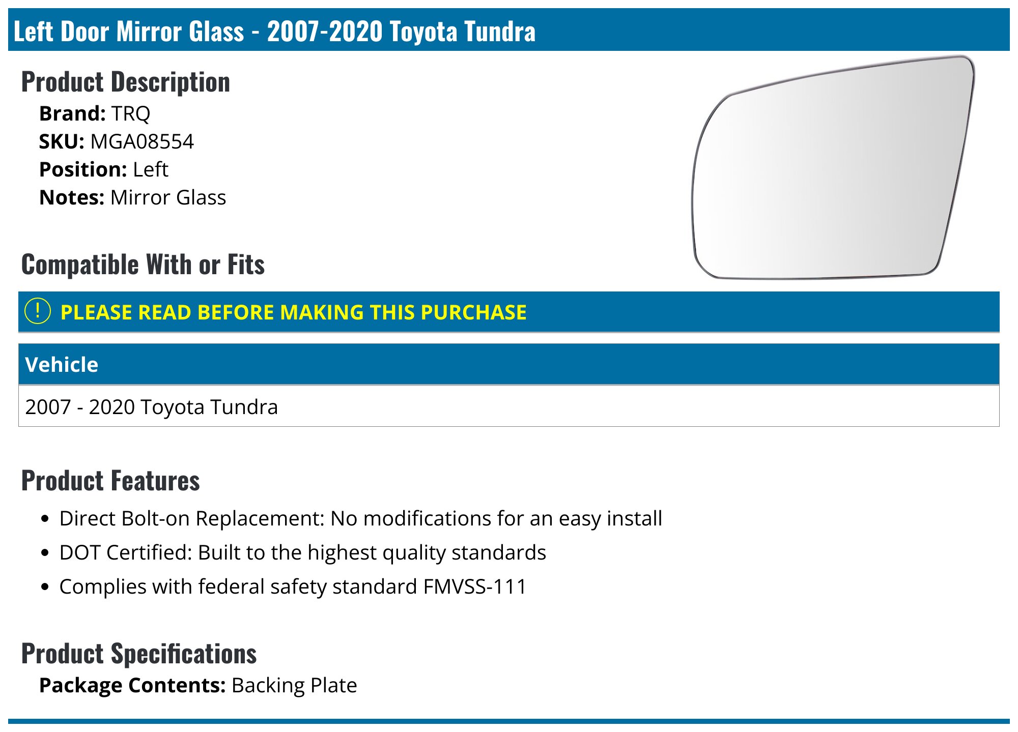 Driver Side Power Heated Mirror Glass For 2007-2021 Toyota Tundra - Left Side 6 thumbnail image