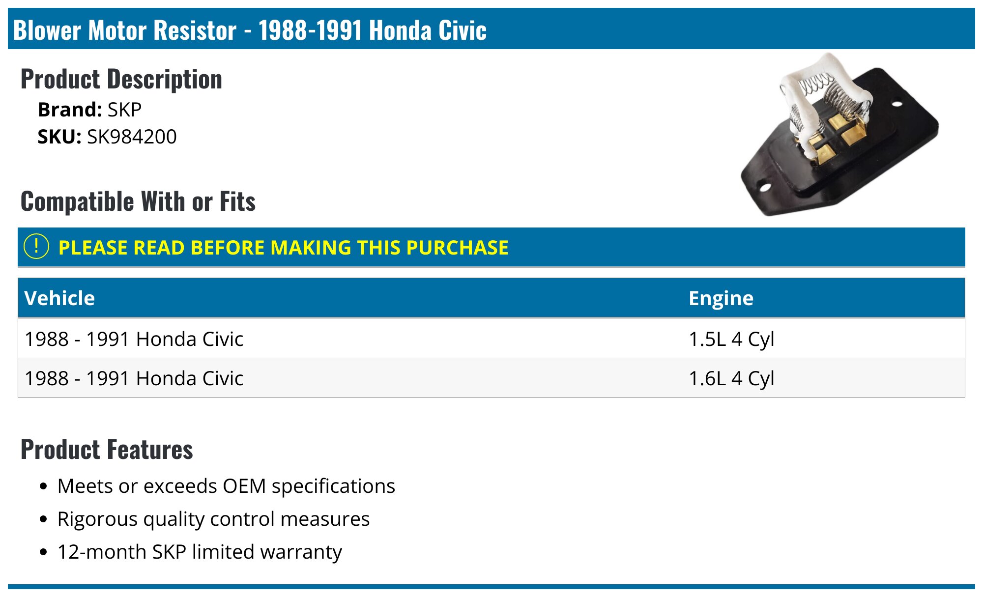Blower Motor Resistor For Honda Civic 2001-2012 - Heater Fan Speed Controller With OE Numbers 077800-0682