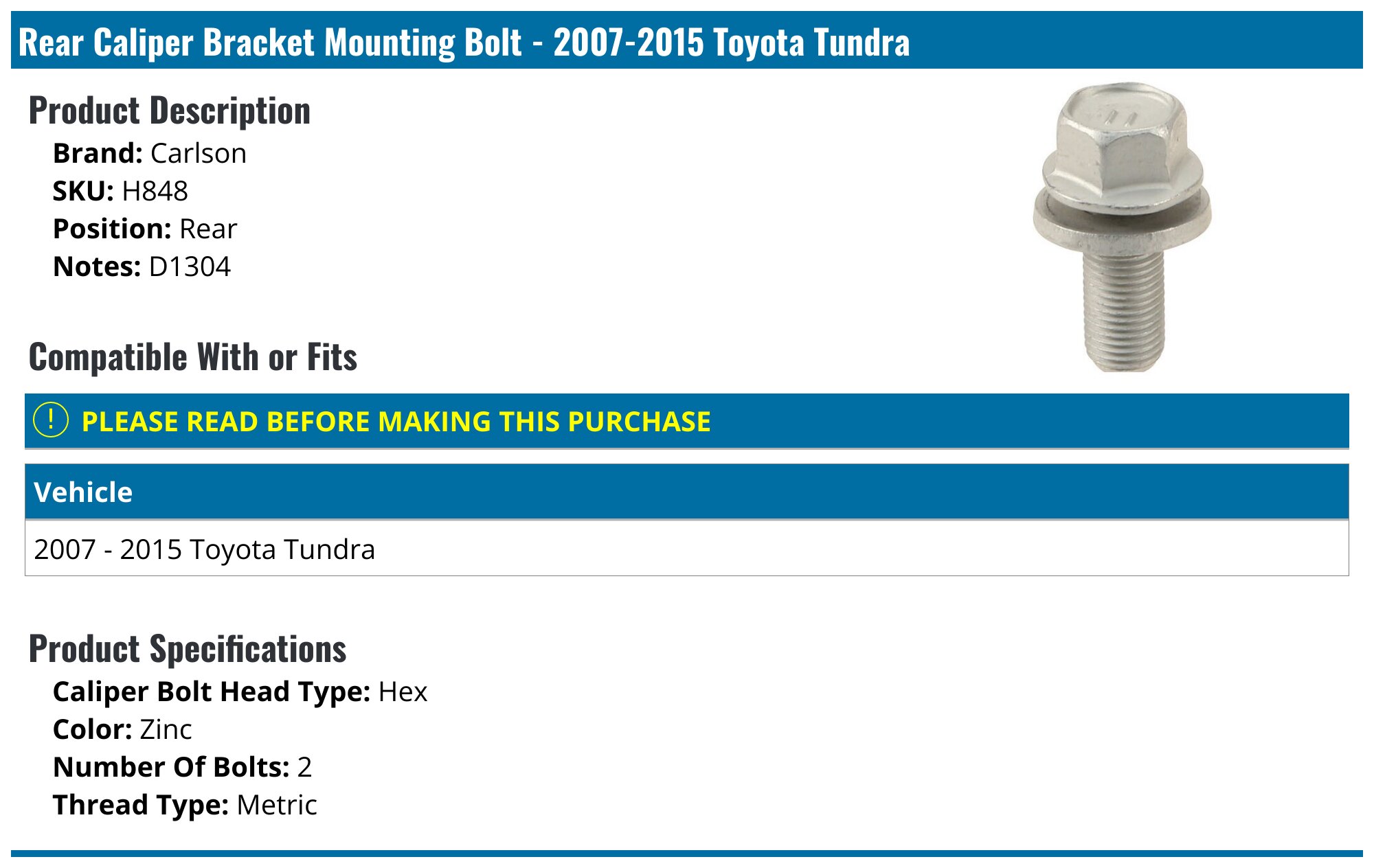 2007-2015 Toyota Tundra Caliper Bracket Mounting Bolt - Carlson H848