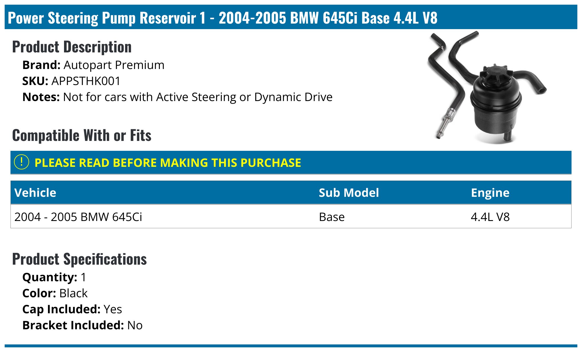 2004-2005 BMW 645Ci Power Steering Reservoir - Autopart Premium ...