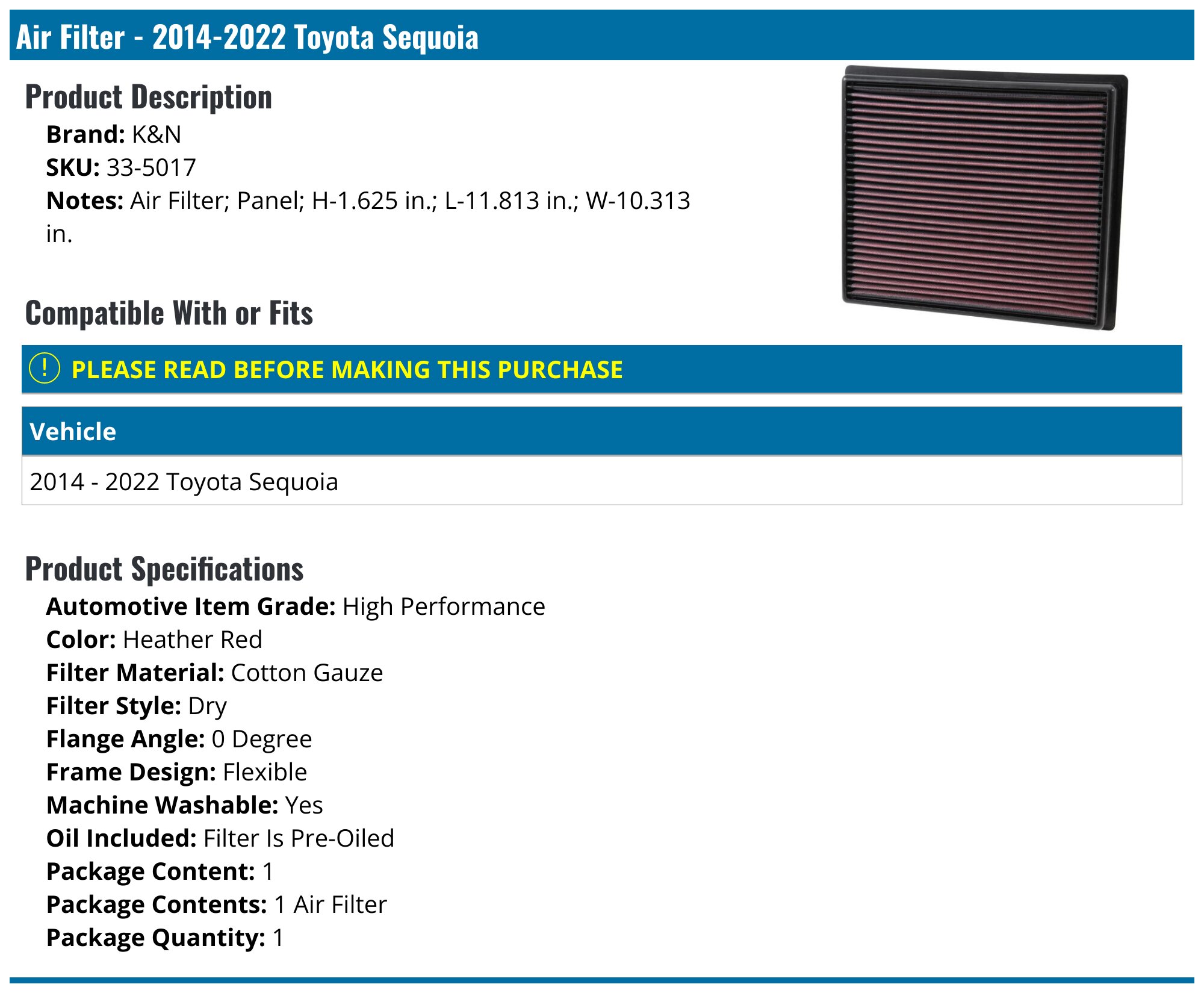 2014-2022 Toyota Sequoia Air Filter - K&N 33-5017 - PartsGeek.com
