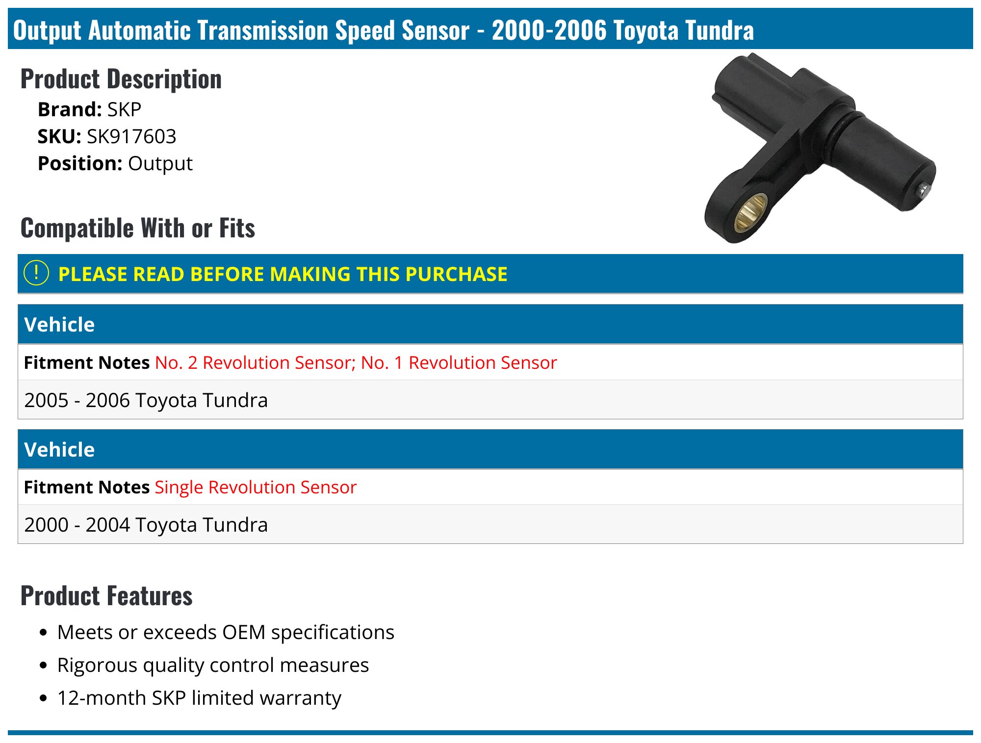 Input/Output Transmission Speed Sensor 89411-50010 For Toyota 4Runner, Tundra - Direct Replacement, 1 Year Warranty