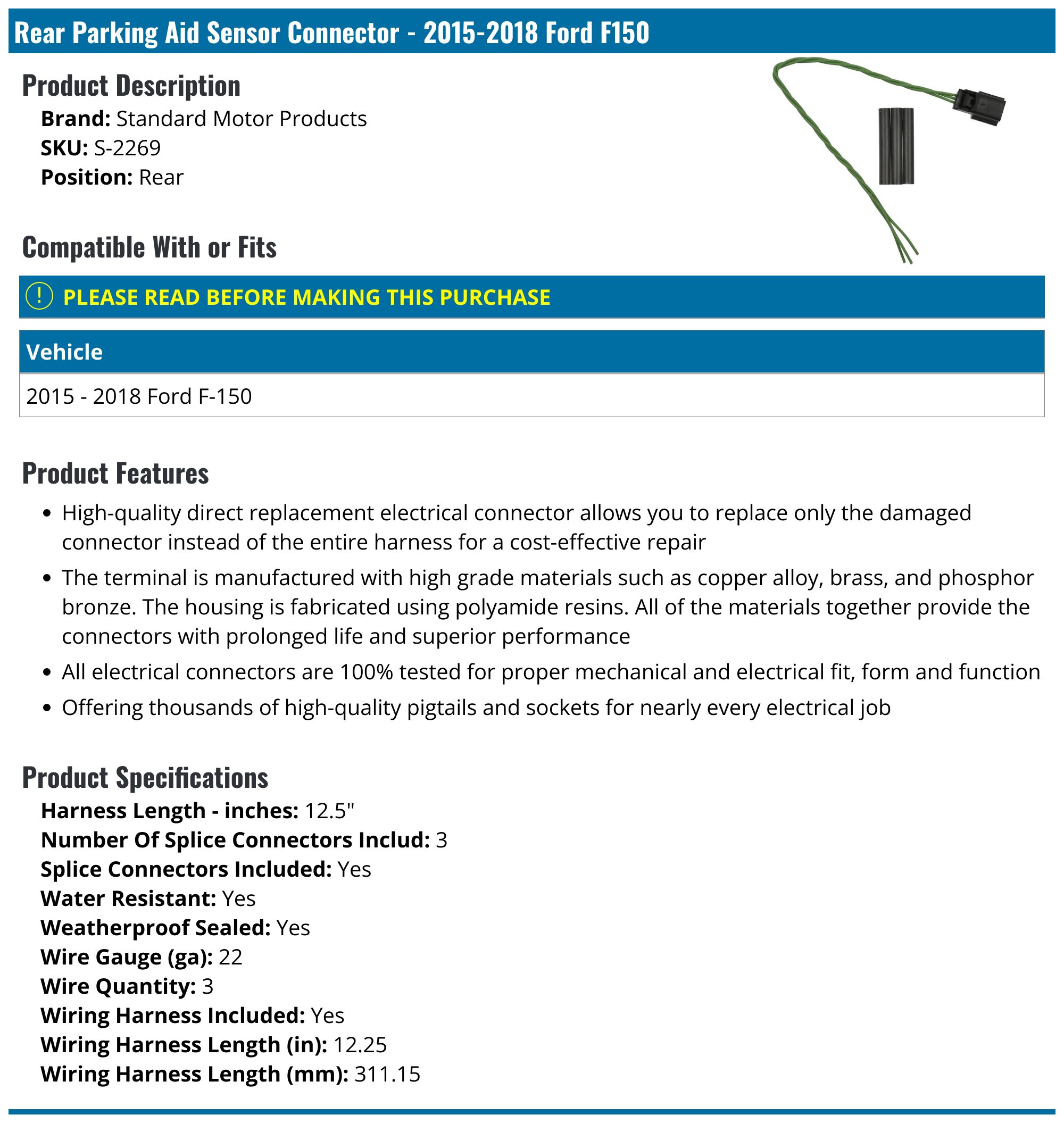 Parking Aid Sensor Connector SMP For 2015-2018 Ford F-150 Parking Aid Sensor Connector SMP For 2015-2018 Ford F-150