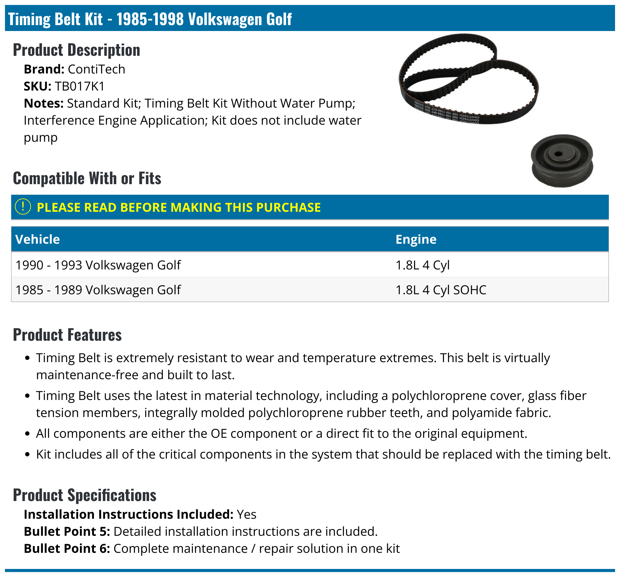 19851998 Volkswagen Golf Timing Belt ContiTech TB017K1