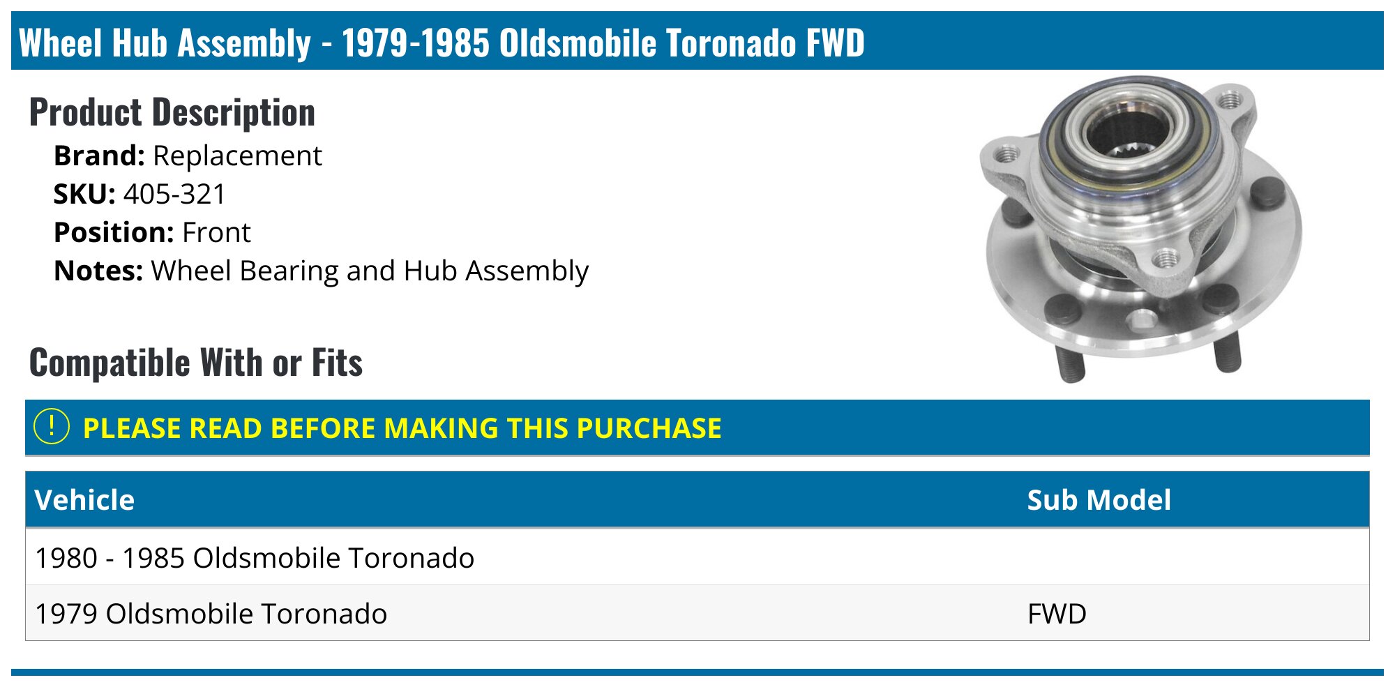 19791985 Oldsmobile Toronado Wheel Hub Assembly Replacement 405321