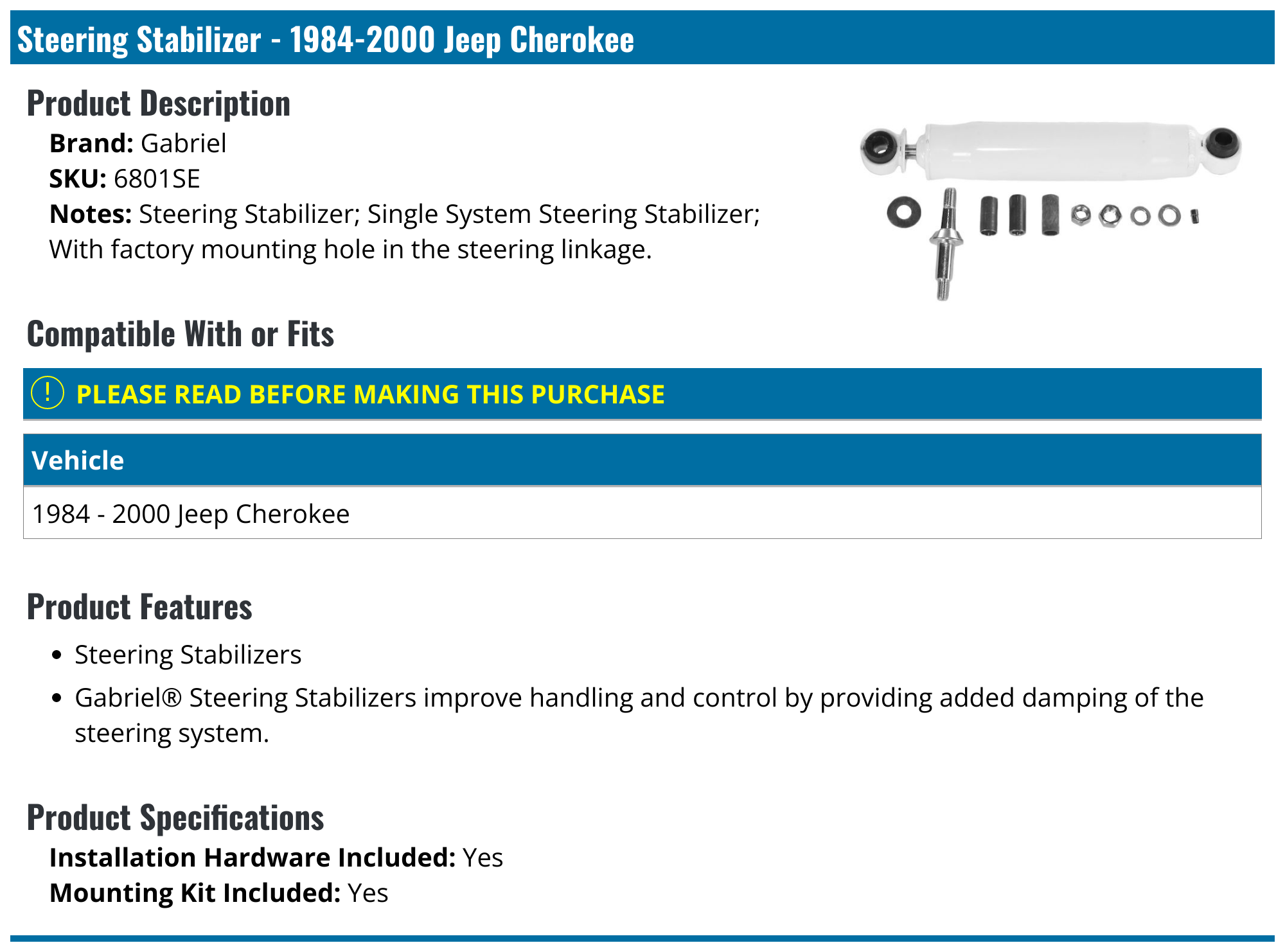 19842000 Jeep Cherokee Steering Stabilizer Gabriel 6801SE