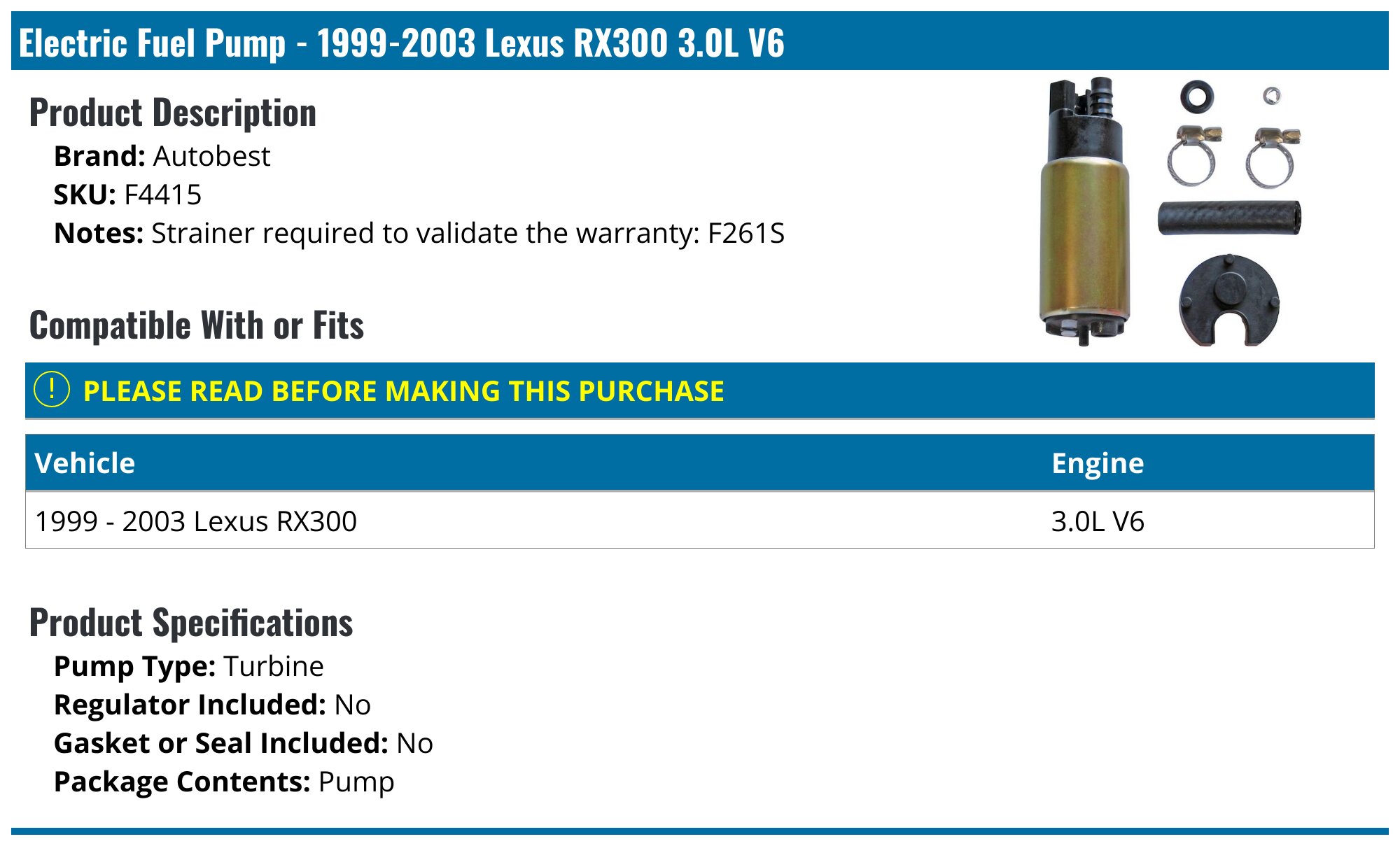 1999-2003 Lexus RX300 Fuel Pump - Autobest F4415 - In-Tank - PartsGeek.com