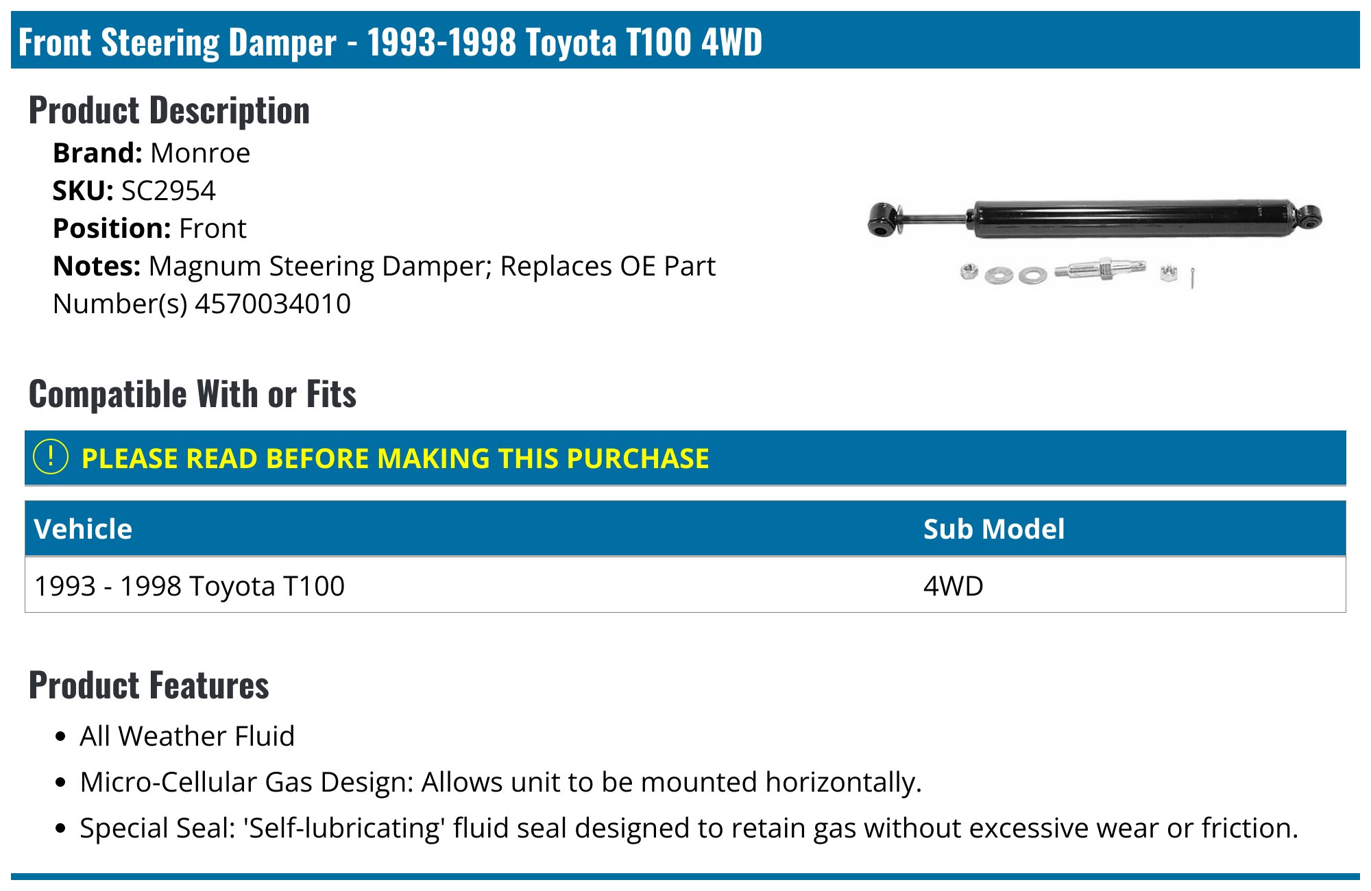 1993-1998 Toyota T100 Steering Damper - Monroe SC2954 - Front