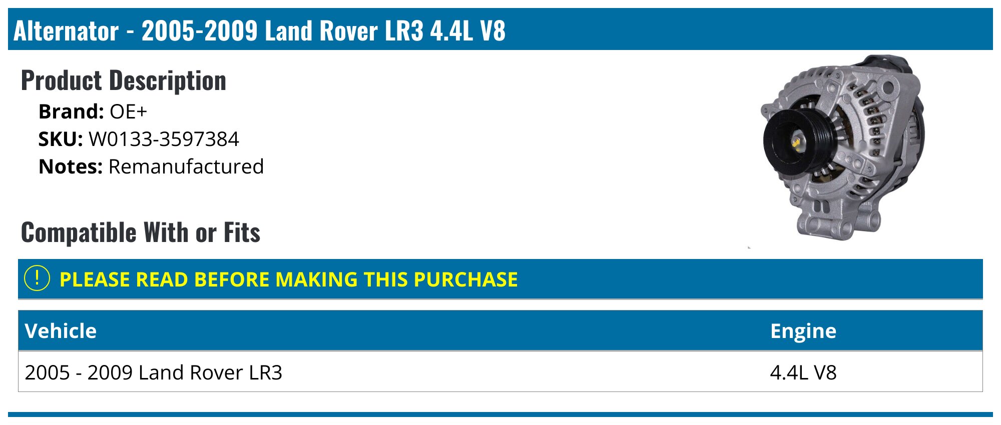 Genuine Denso Alternator For Land Rover LR3 / Range Rover Sport 2006-2009 - OEM LR124960, YLE500390