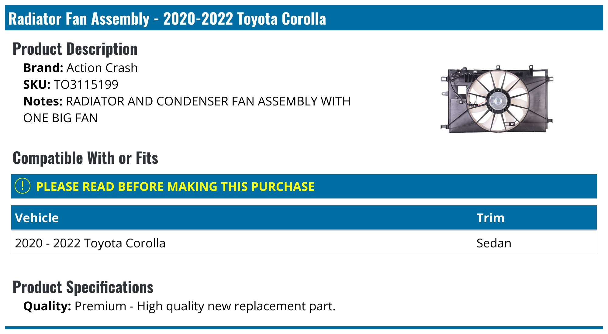 Radiator AC Condenser Cooling Fan Assembly For 2020-2022 Toyota Corolla 1.8L