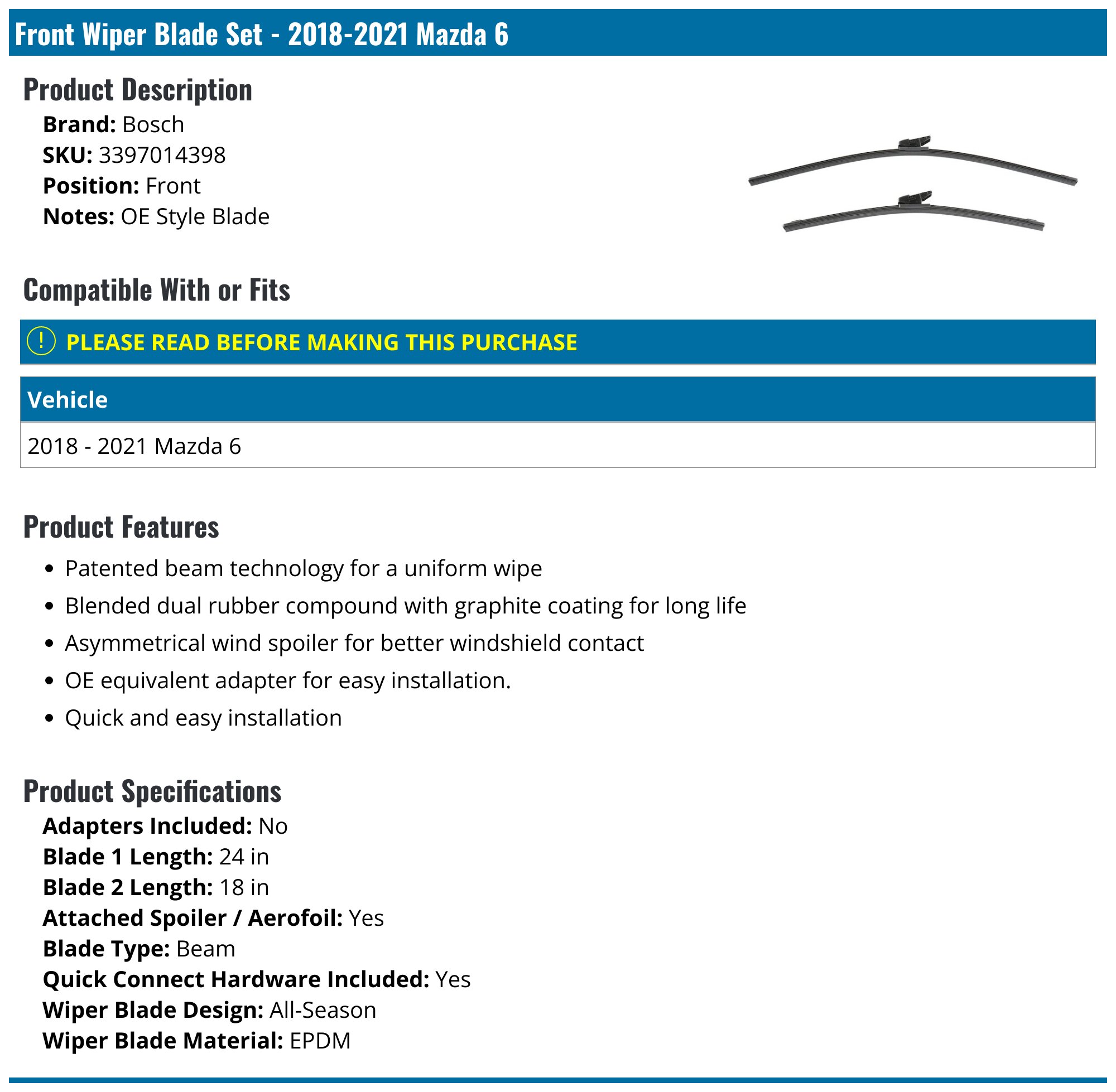 Mazda 6 2002-2006 Fastback Hatch BOSCH WIPER BLADE **REAR