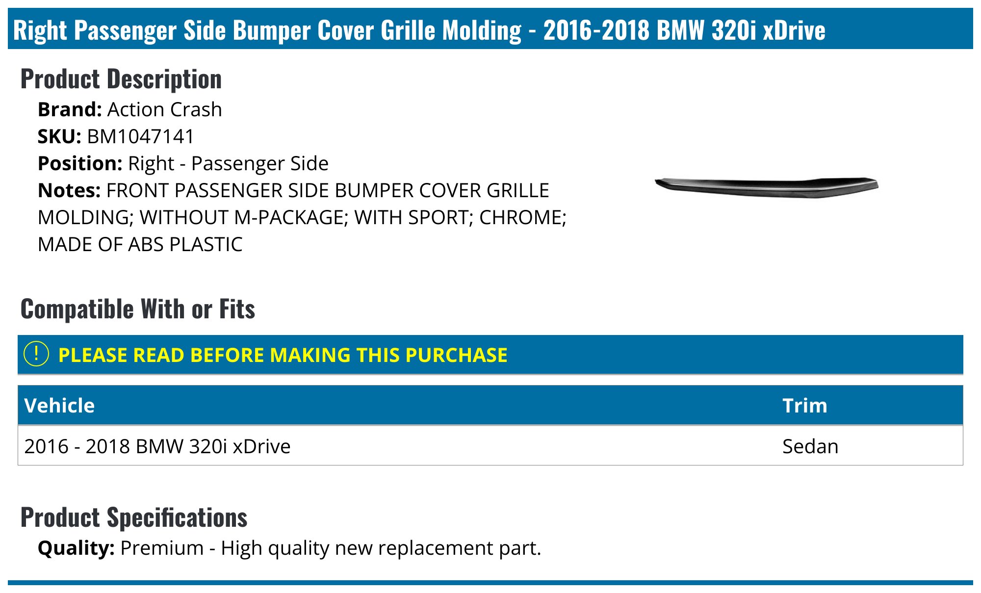 2016-2018 BMW 320i xDrive Bumper Cover Grille Molding - Action Crash ...