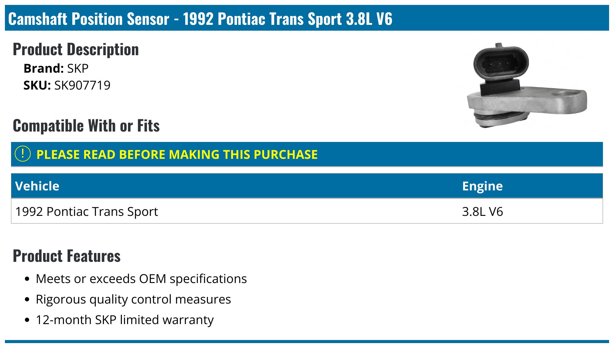 1992 Pontiac Trans Sport Camshaft Position Sensor - SKP SK907719 ...
