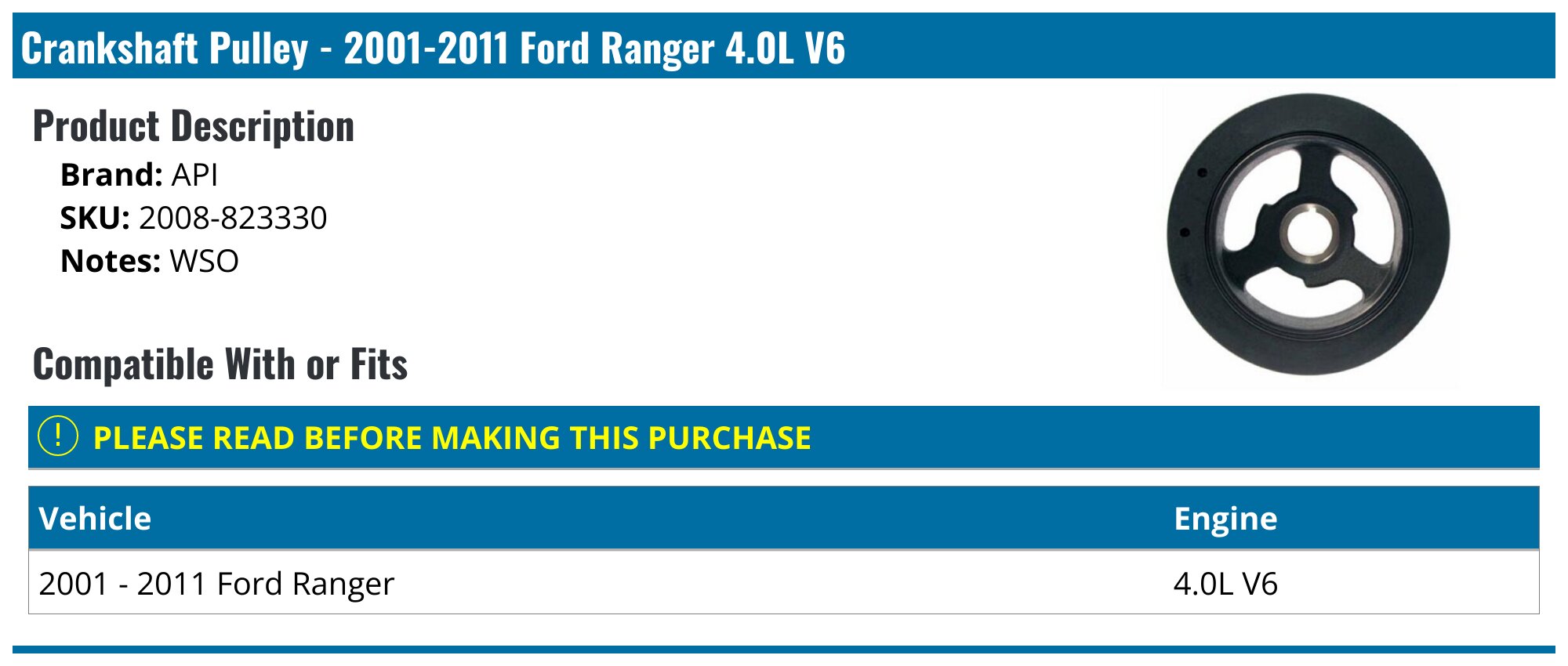 20012011 Ford Ranger Crankshaft Pulley API 552002407353