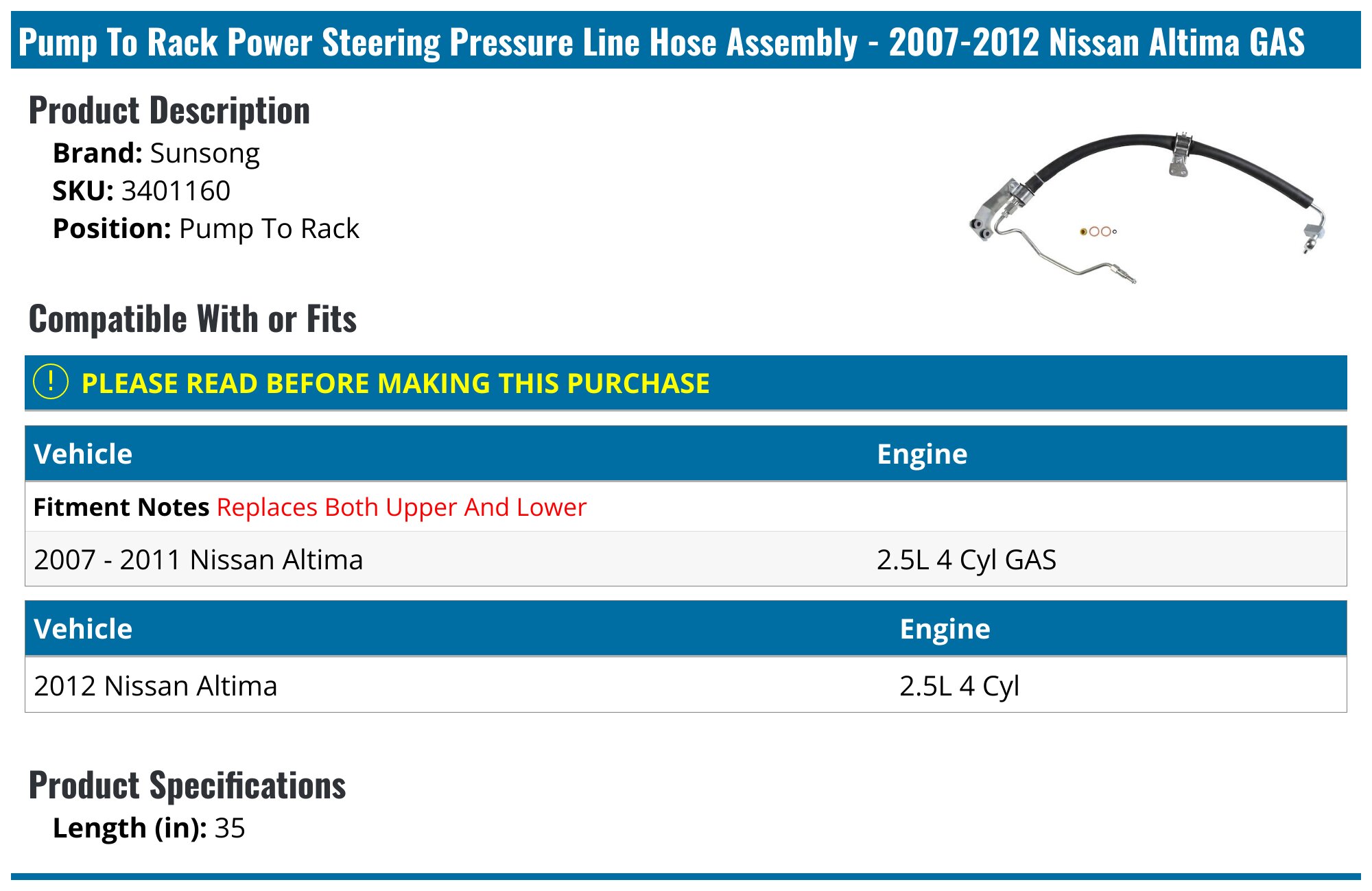 Power Steering Reservoir Hose For 2007-2013 Nissan Altima 2.5L – Reservoir To Pump, Direct Fit