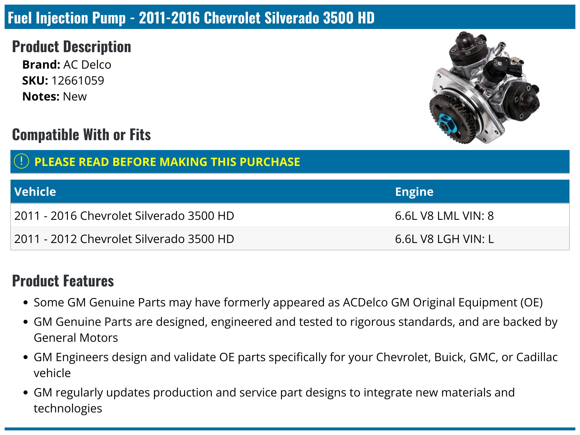 2011 2016 Chevrolet Silverado 3500 HD Fuel Injection Pump AC Delco 12661059 PartsGeek