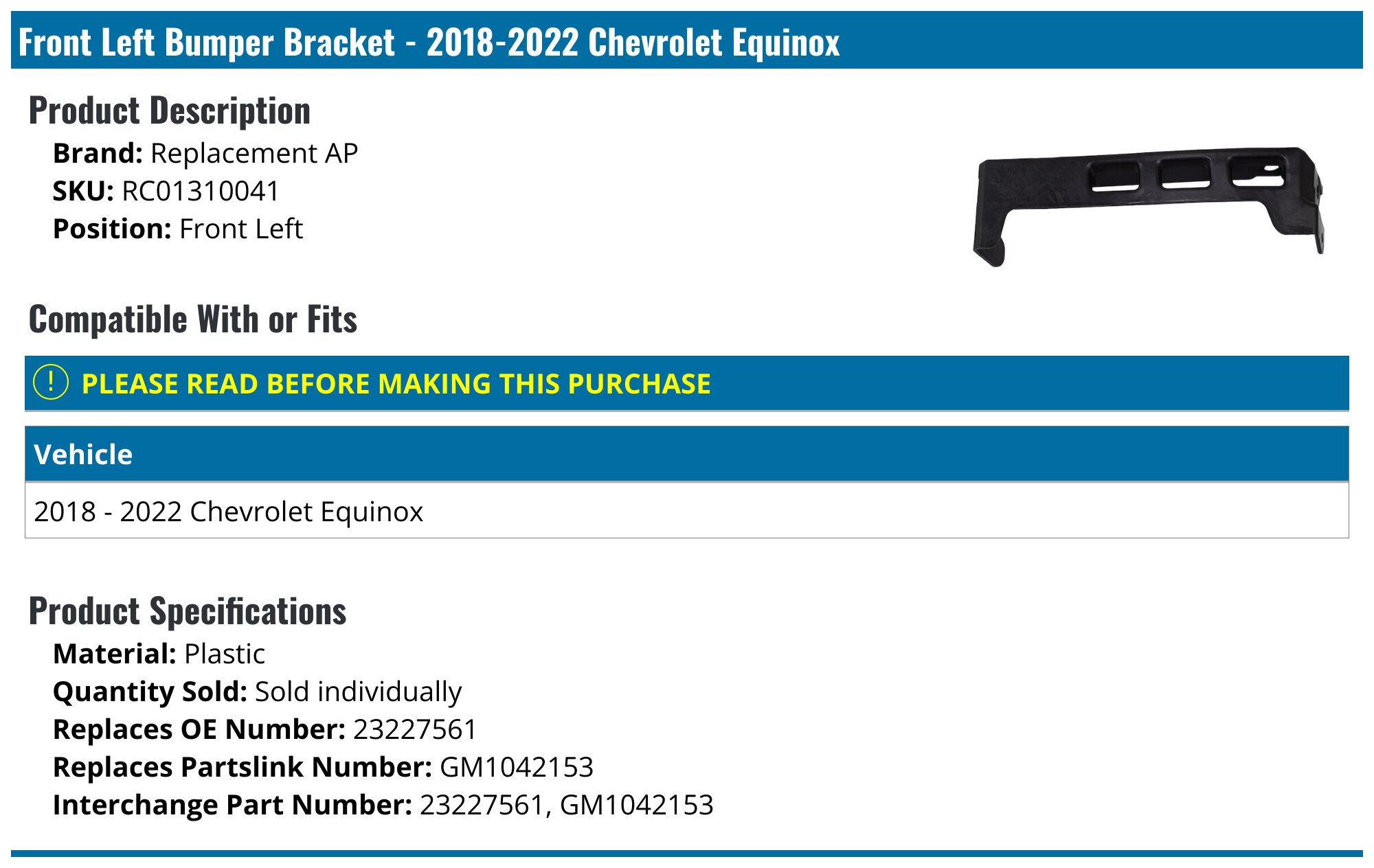 Gearzaar Front Bumper Retainer Brackets For 2018-2022 Chevy Equinox – Driver & Passenger Side, 42488474 42488475, Black Plastic