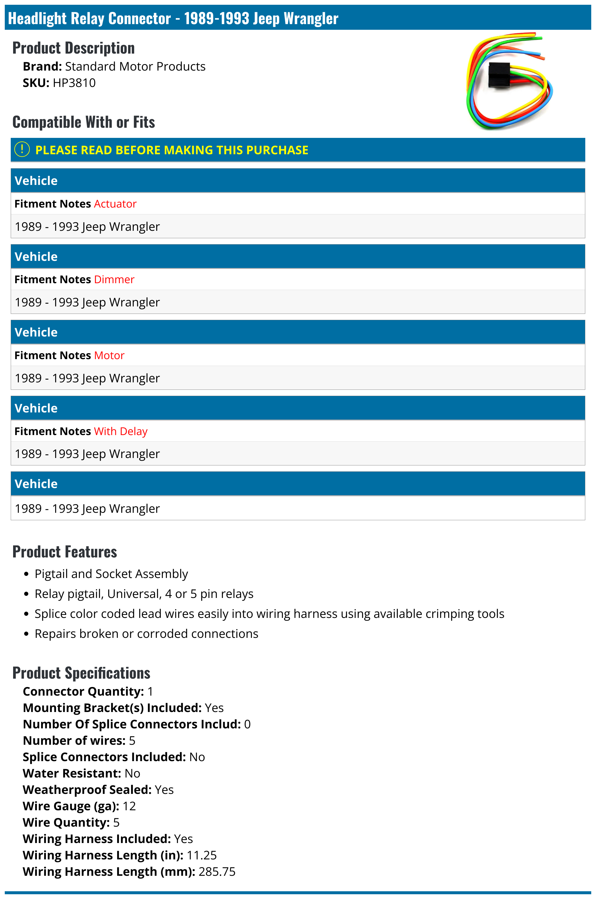 19891993 Jeep Wrangler Headlight Relay Connector Standard Motor