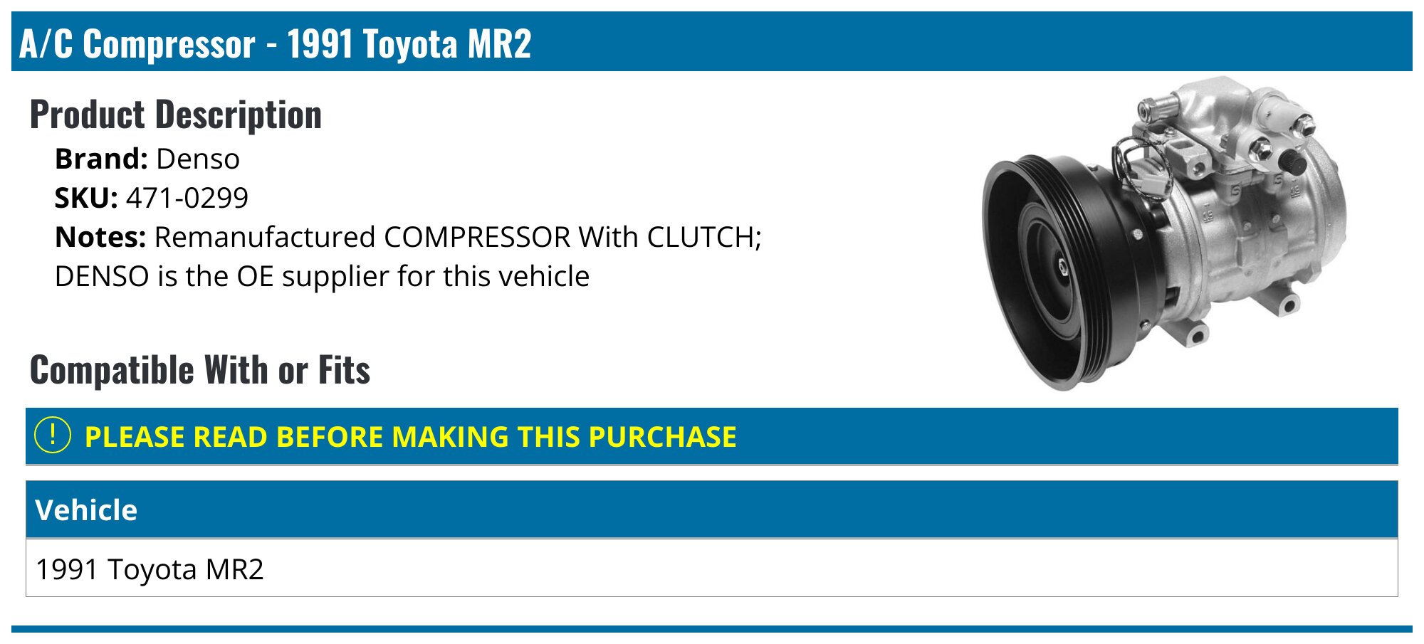 1991 Toyota MR2 A/C Compressor Denso 4710299