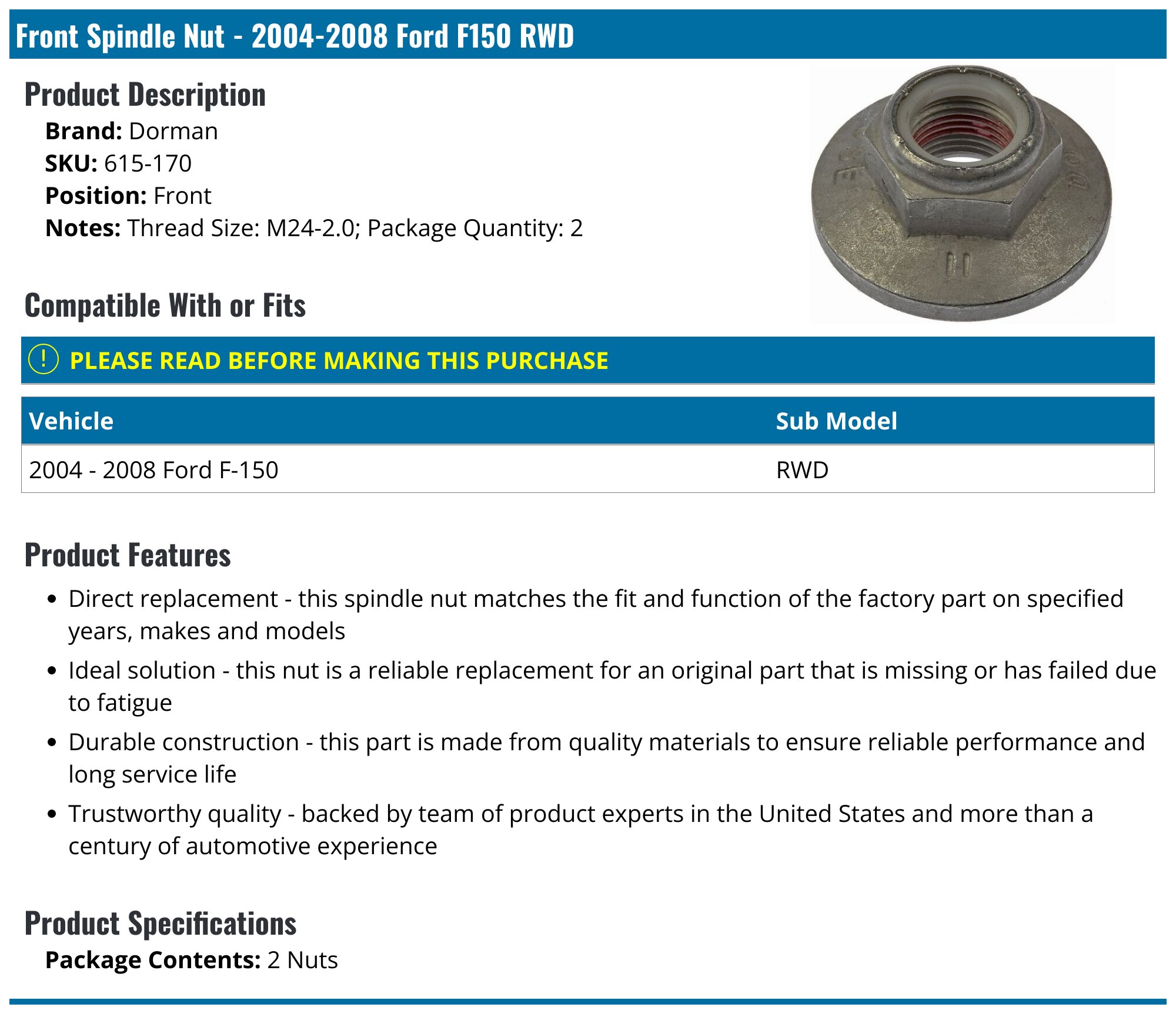 2004-2008 Ford F150 Spindle Nut - Dorman 615-170 - Front 