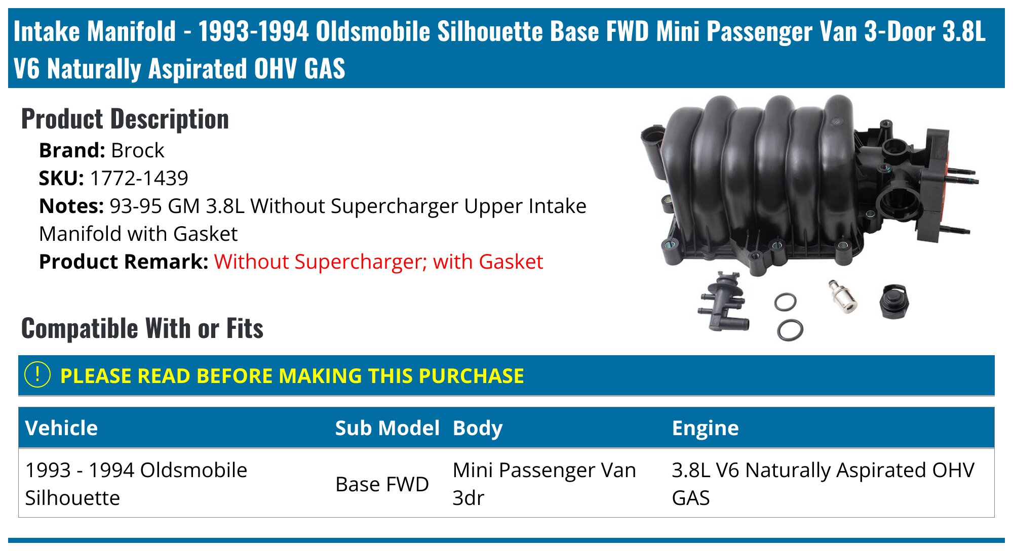 19931994 Oldsmobile Silhouette Intake Manifold Brock 17721439