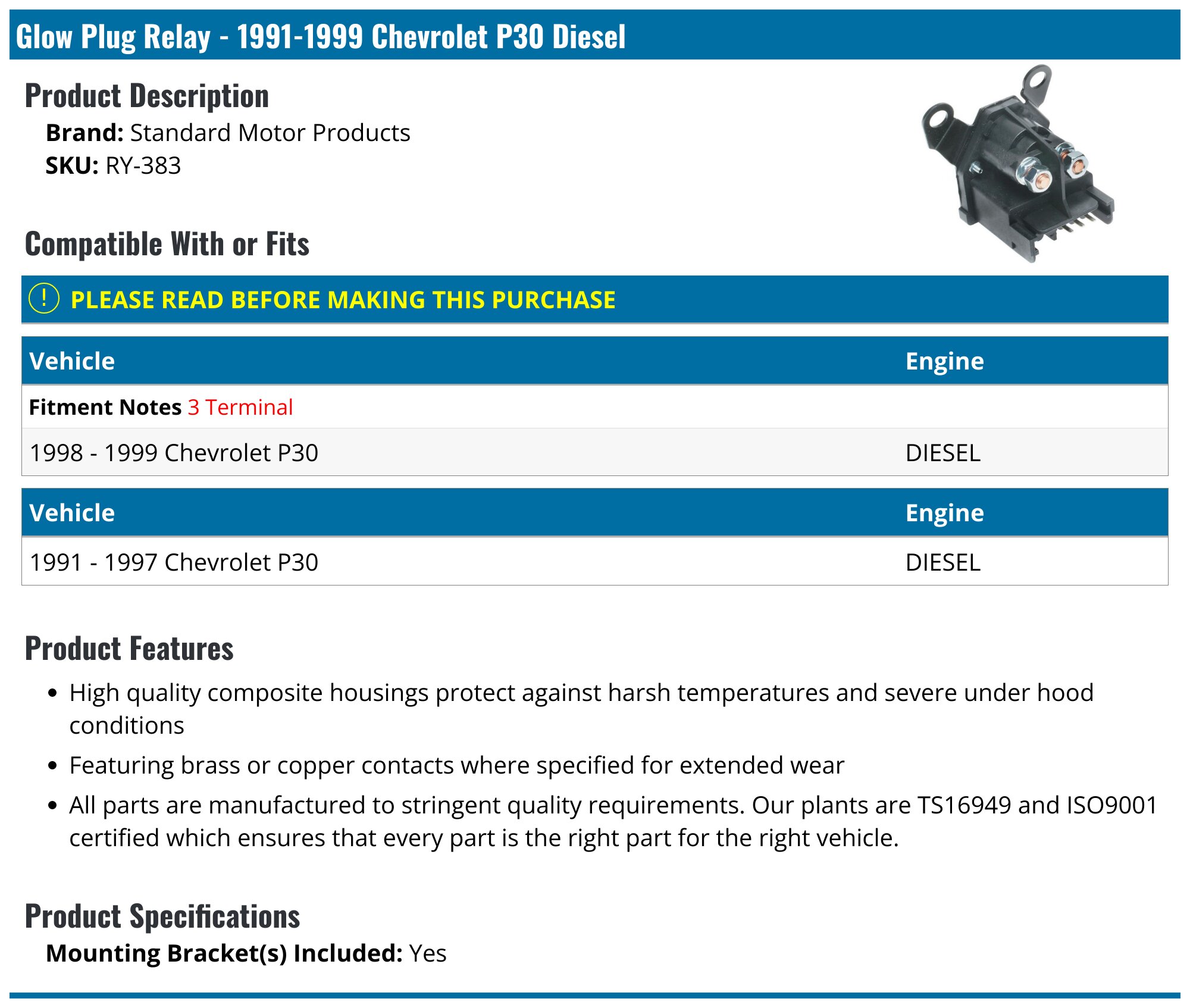 Standard Motor Products RY-383 Standard Motor Relays Standard Motor Products RY-383 Standard Motor Relays