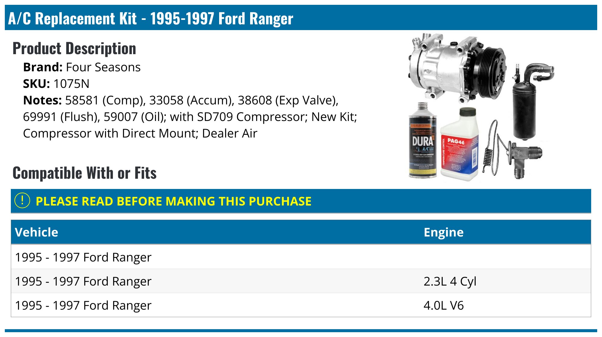 1995-1997 Ford Ranger A/C Compressor - Four Seasons 1075N - PartsGeek.com