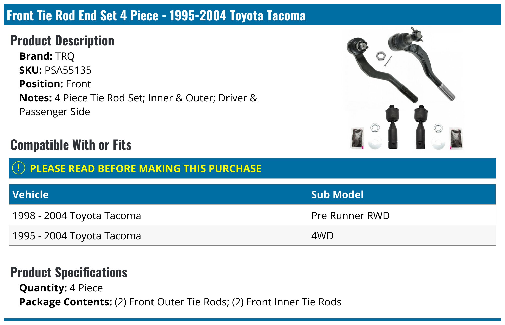 19952004 Toyota Tie Rod End TRQ PSA55135 Front
