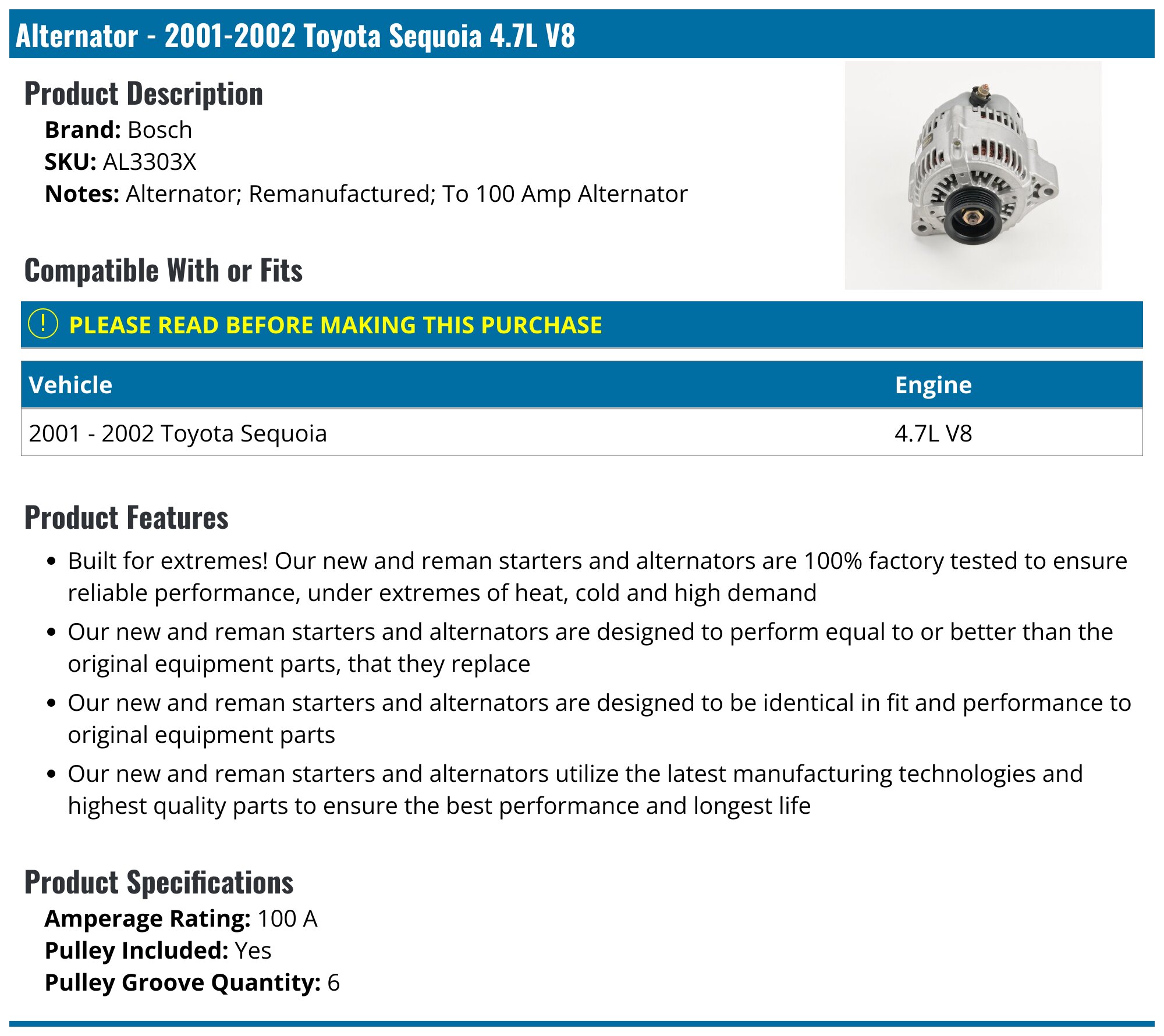 Toyota Sequoia Alternator - Car Alternators - Autopart Premium