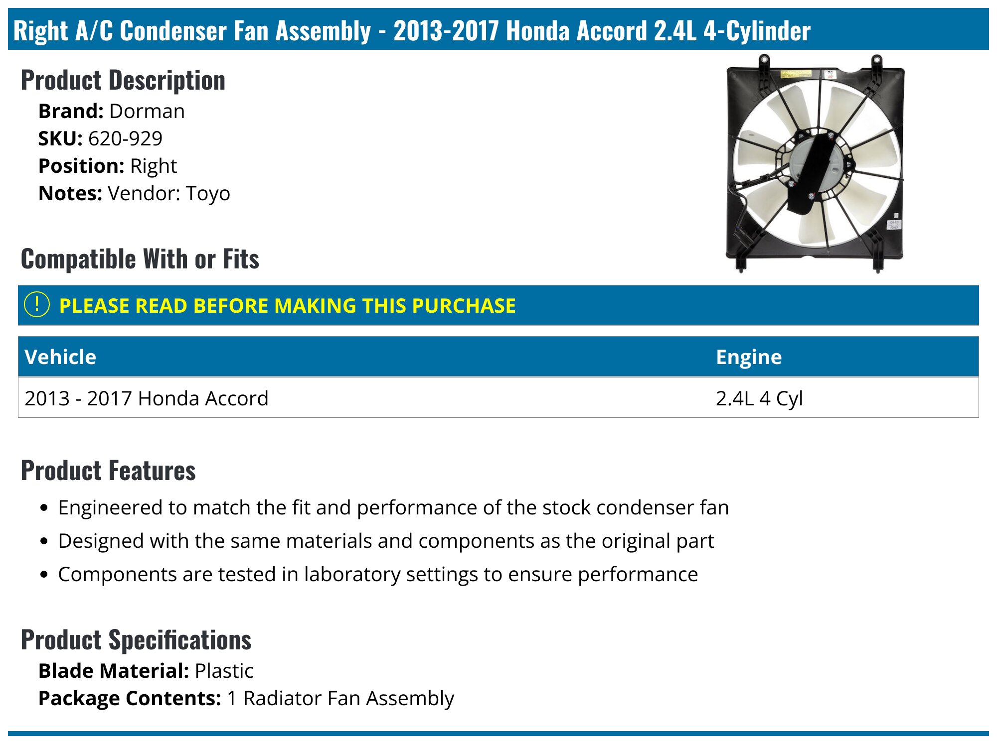 For Honda Accord 2013 14 15 16 2017 A/C Condenser Fan Assembly