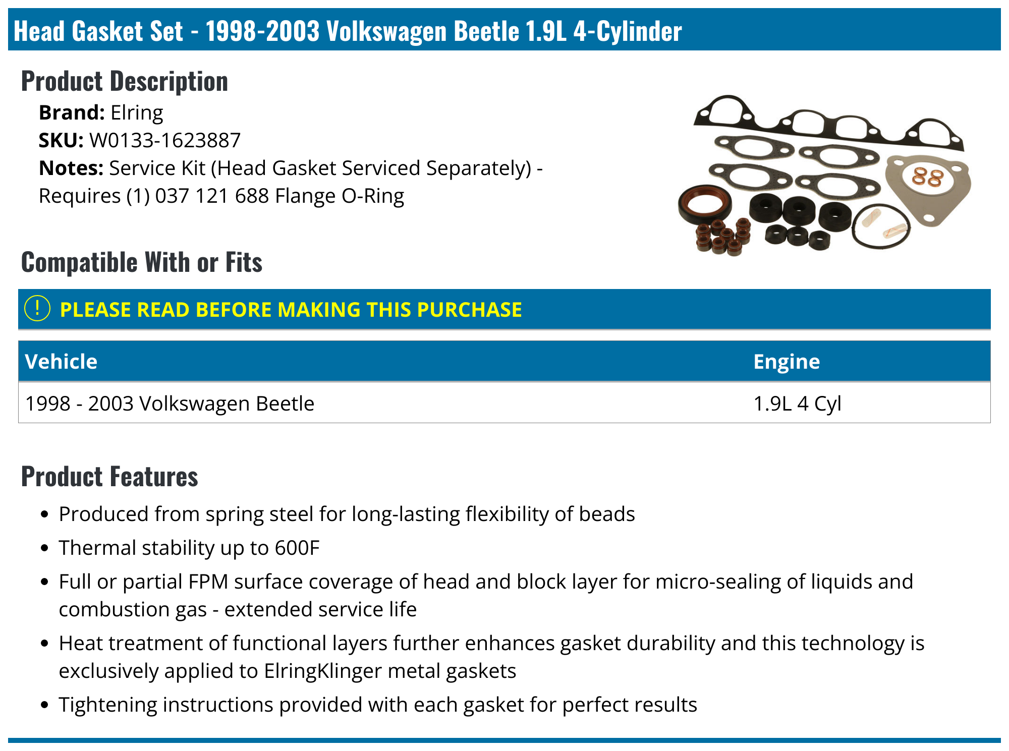 19982003 Volkswagen Beetle Head Gasket Elring W01331623887