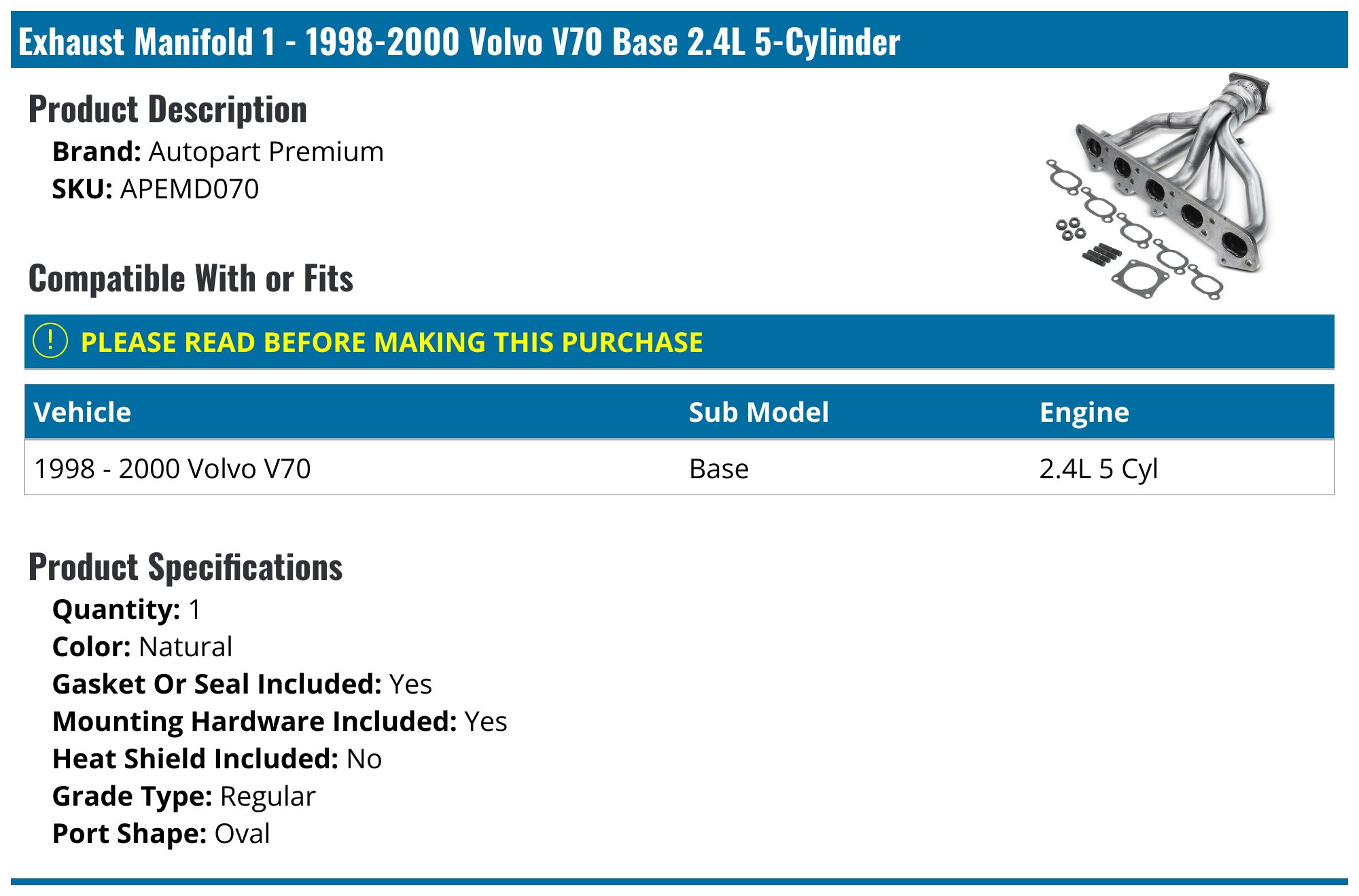 Volvo Exhaust Manifold Gasket | S40 V70 XC90 S70 - 2001 2005 1998 1971 Volvo Exhaust Manifold Gasket | S40 V70 XC90 S70 - 2001 2005 1998 1971