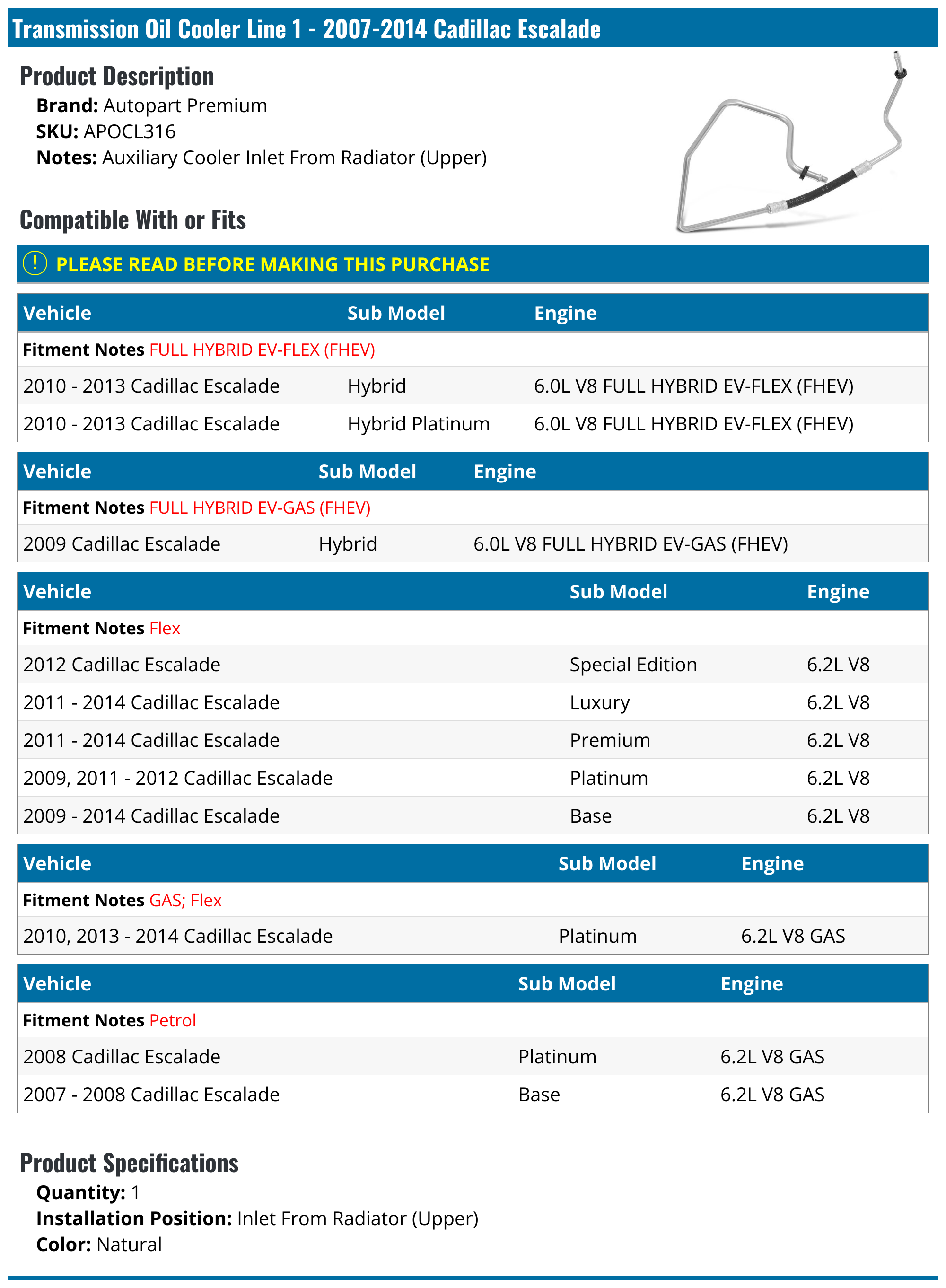 20072014 Cadillac Escalade Transmission Oil Cooler Line Autopart Premium APOCL316