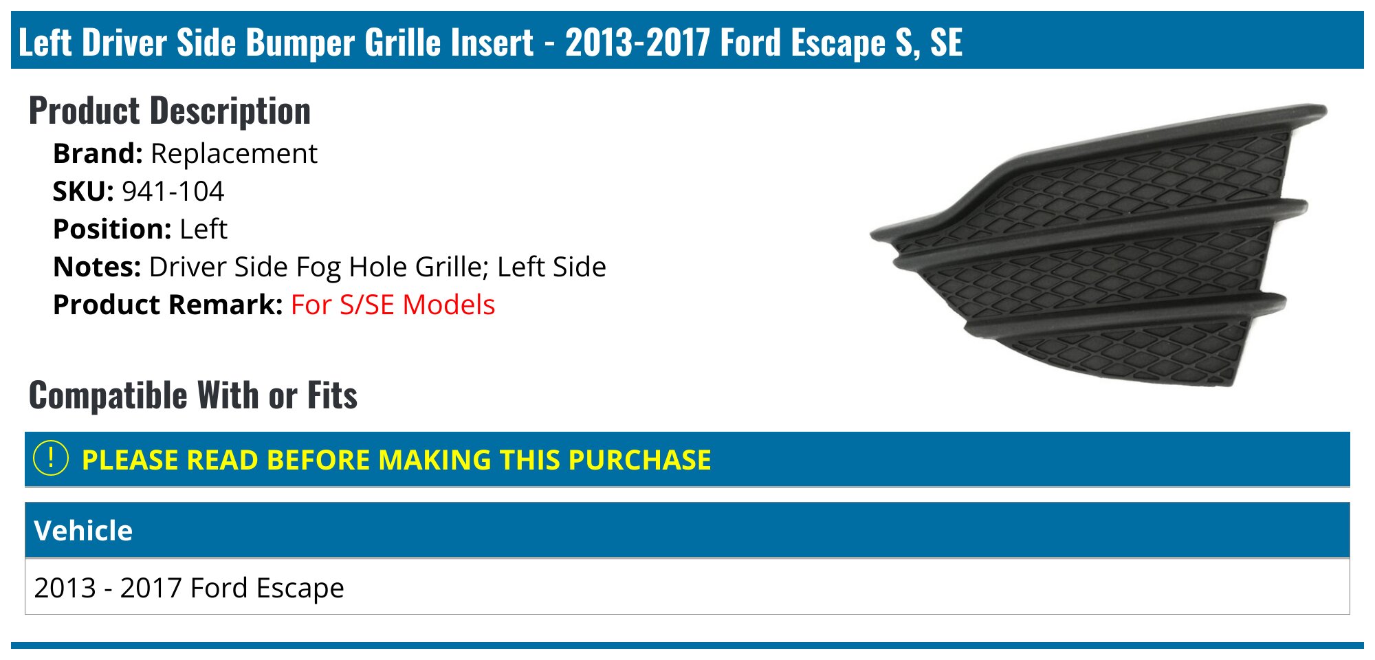 Driving Bumper Fog Light Fit For Ford Escape 2017-2019 W/Black