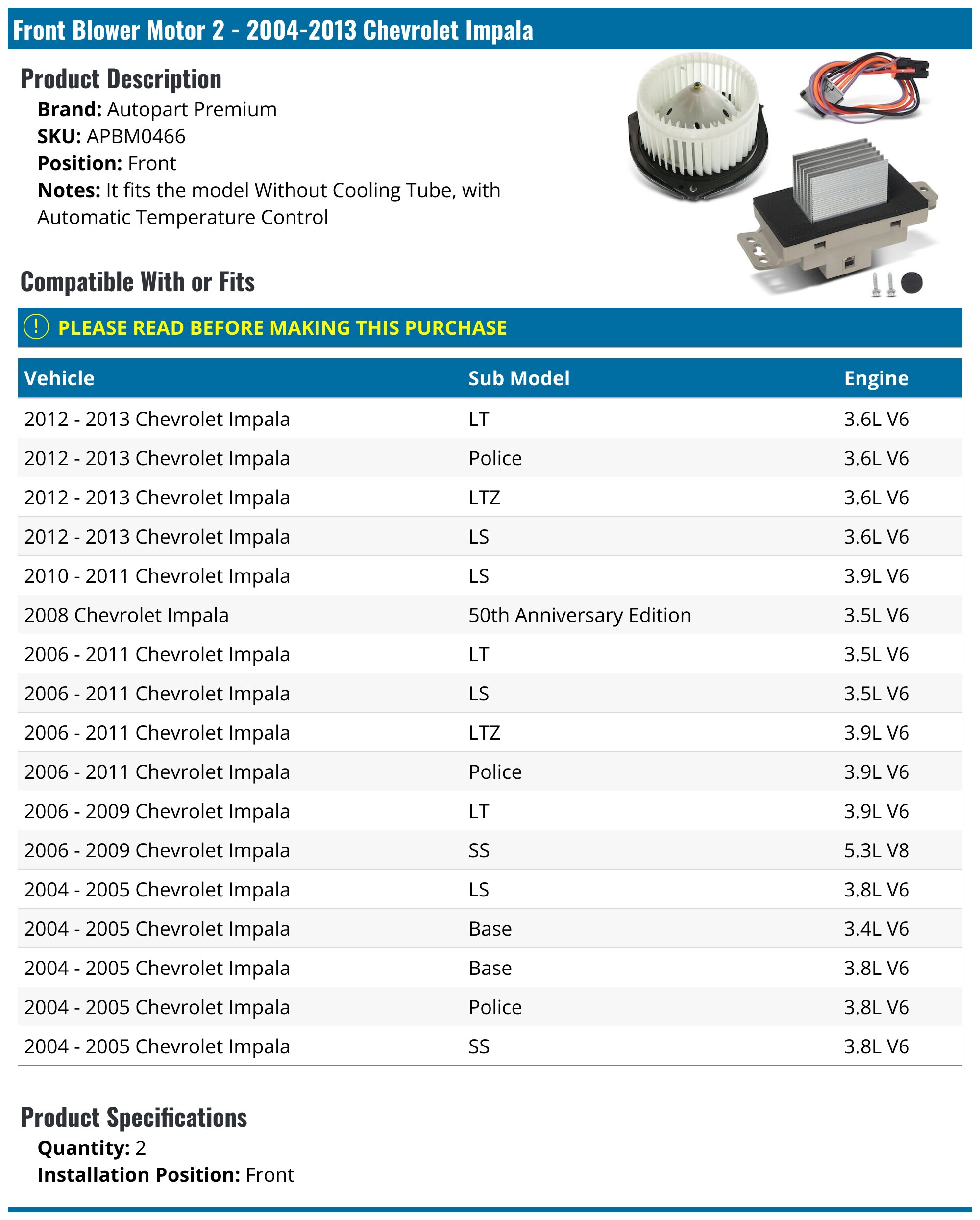 20042013 Chevrolet Impala Blower Motor Autopart Premium APBM0466