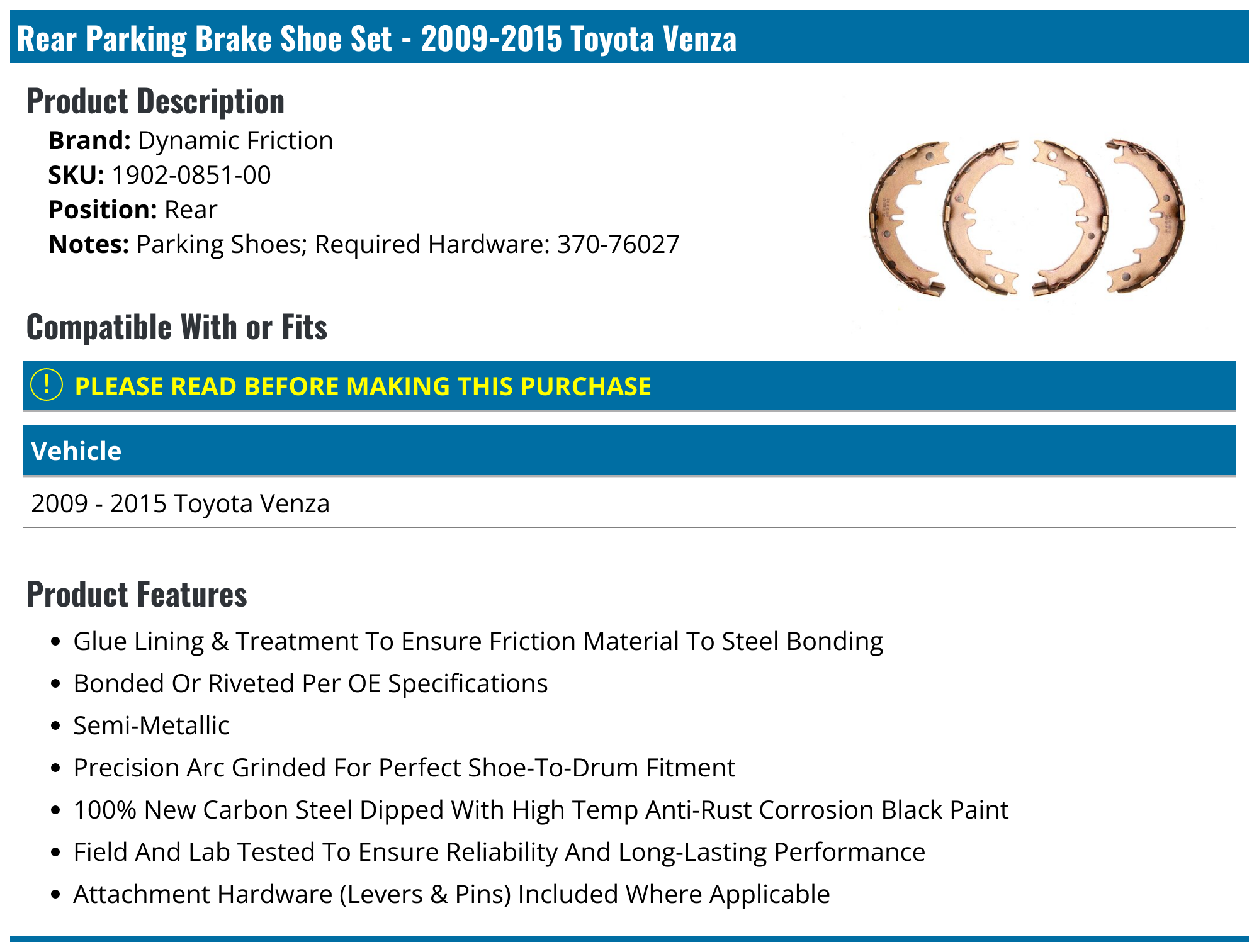 20092015 Toyota Venza Parking Brake Shoe Set Dynamic Friction 1902