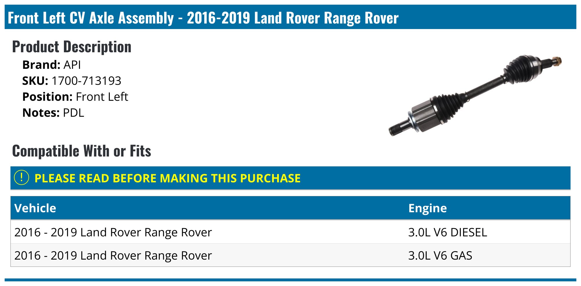 2014-2022 Land Rover Range Rover Axle Assembly - API 127770-02884175 ...