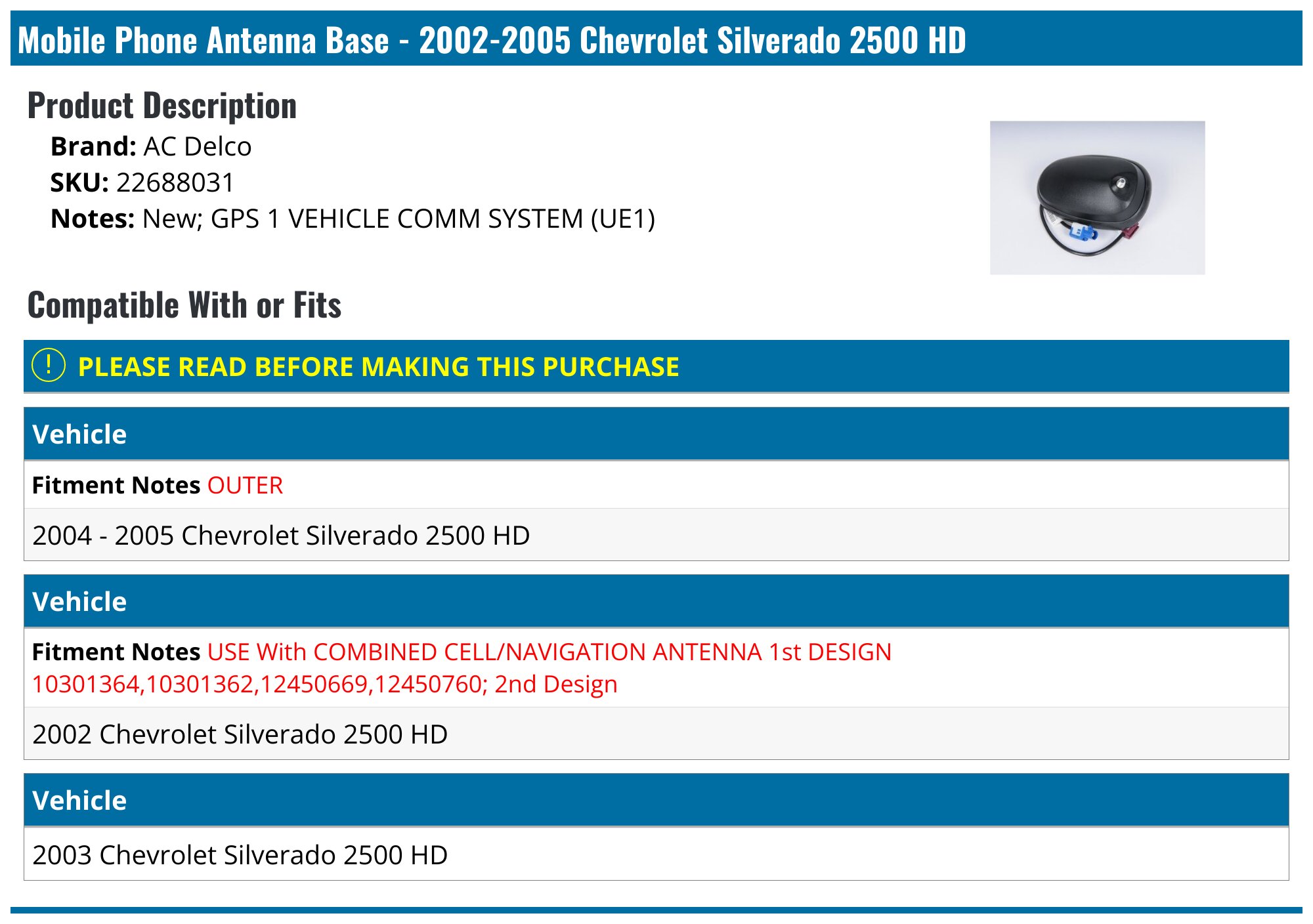 20022005 Chevrolet Silverado 2500 HD Mobile Phone Antenna Base AC