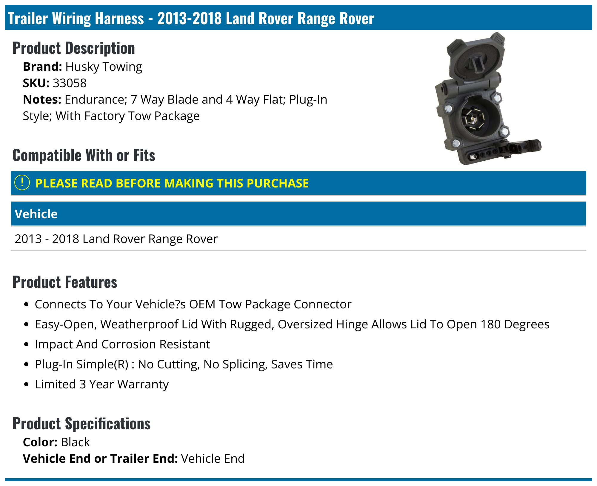 20132018 Land Rover Range Rover Trailer Wiring Harness Husky Towing