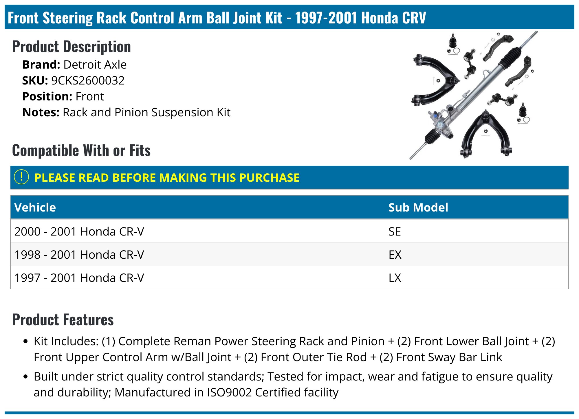 New Power Steering Rack & Pinion For 1997-2001 Honda CR-V (All Models)
