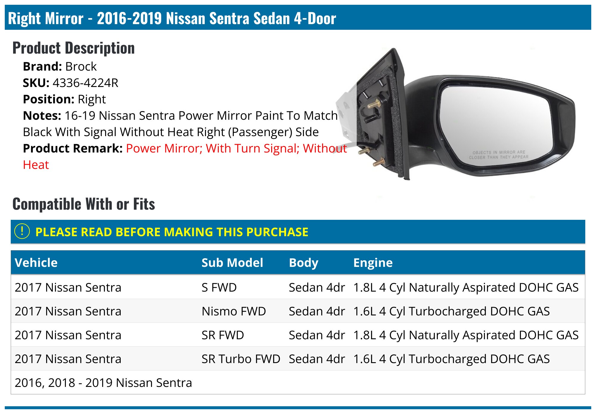 Passenger Right Side Power Heated Mirror With Turn Signal For 2013-2019 Nissan Sentra