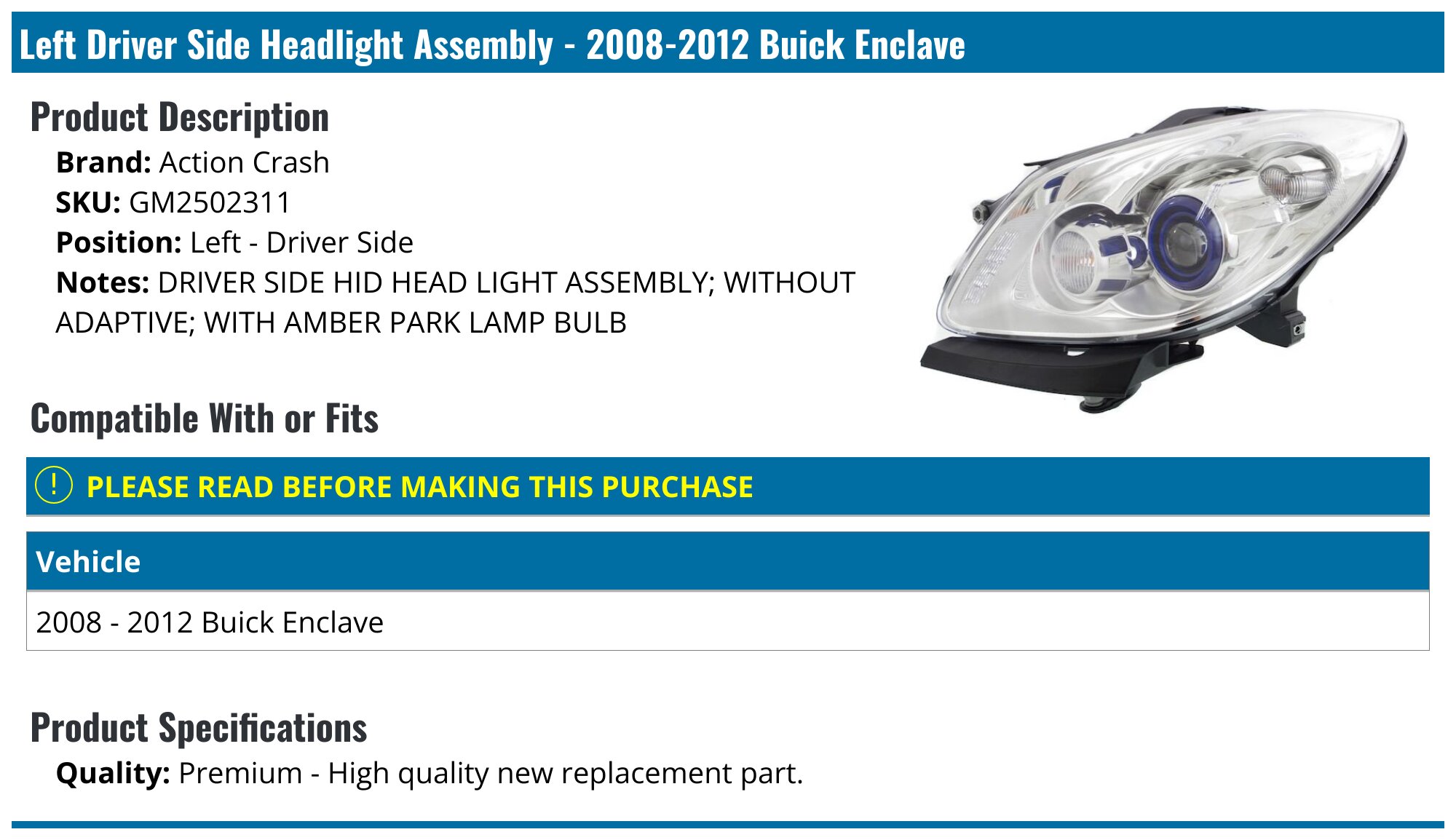 2008-2012 Buick Enclave Front Driver Side Fender Flare - OEM #20814279 | GM Parts Club