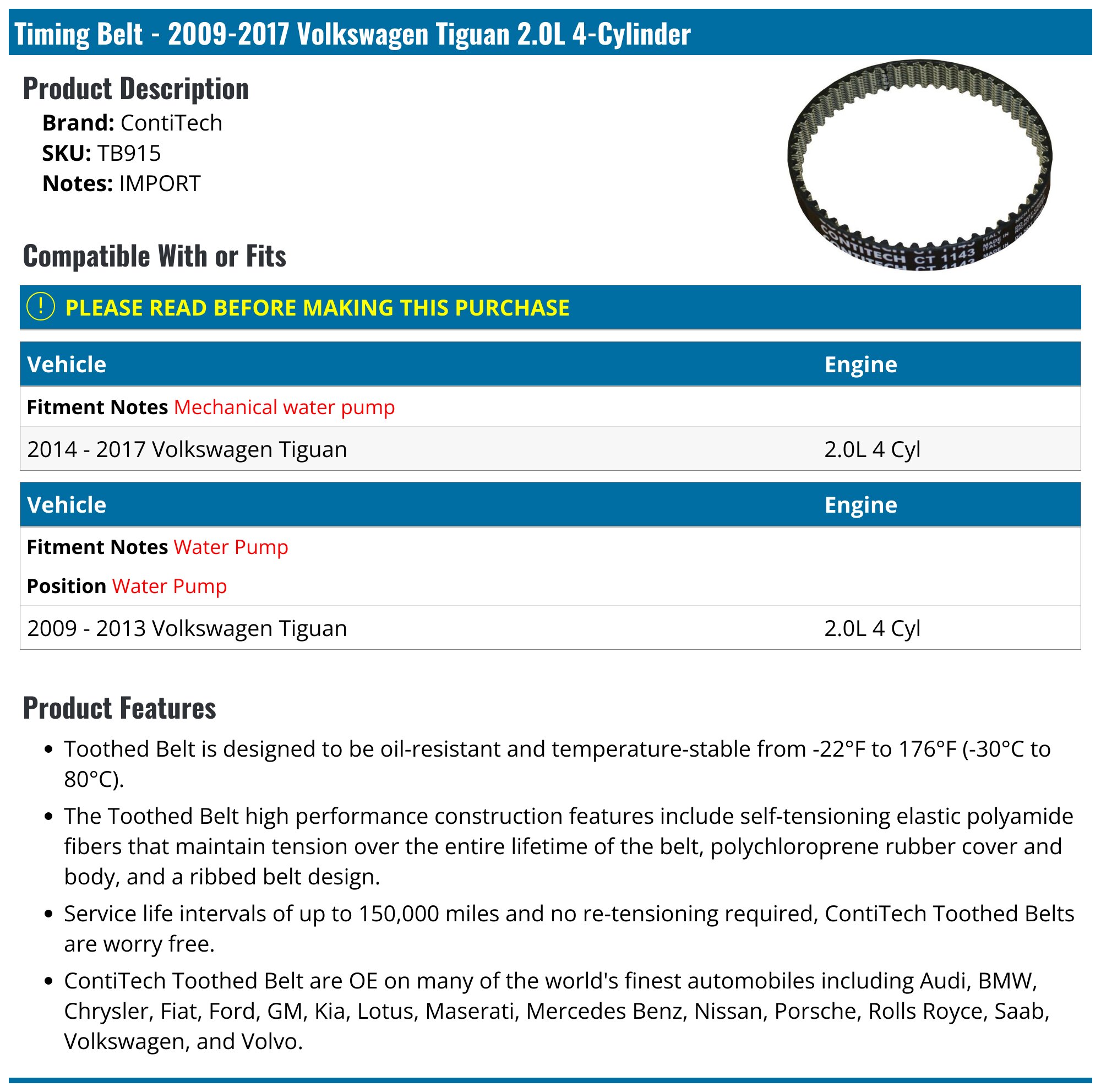 20092017 Volkswagen Tiguan Timing Belt ContiTech TB915 Water Pump