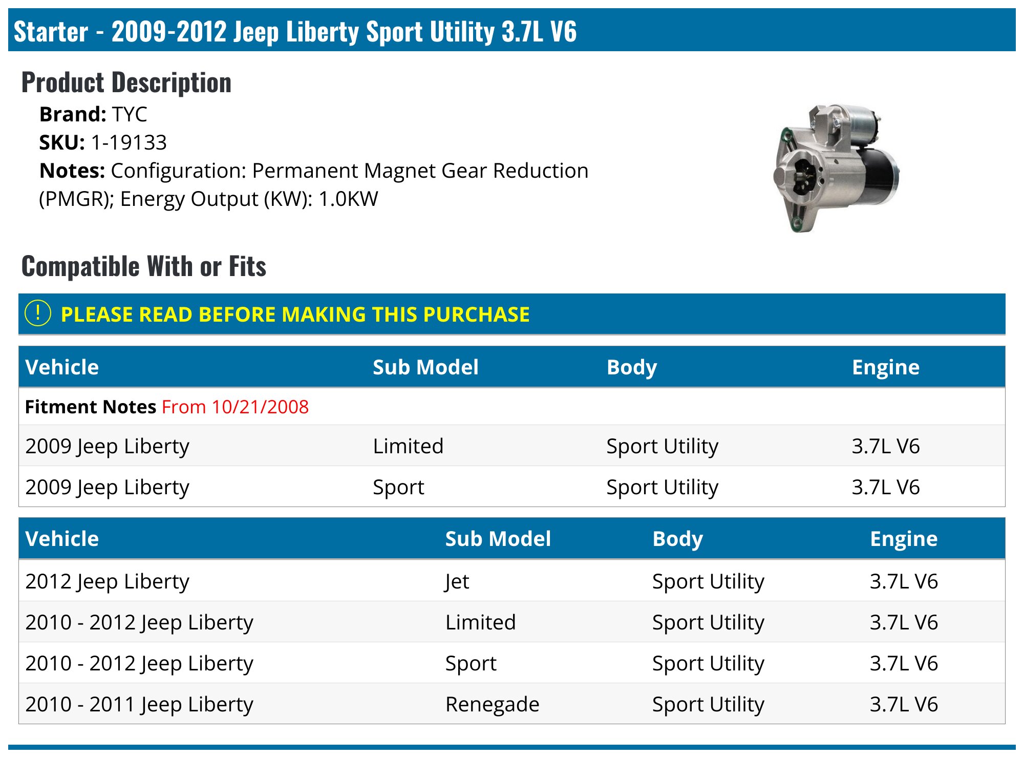 2009-2012 Jeep Liberty Starter - TYC 1-19133 - - PartsGeek.com