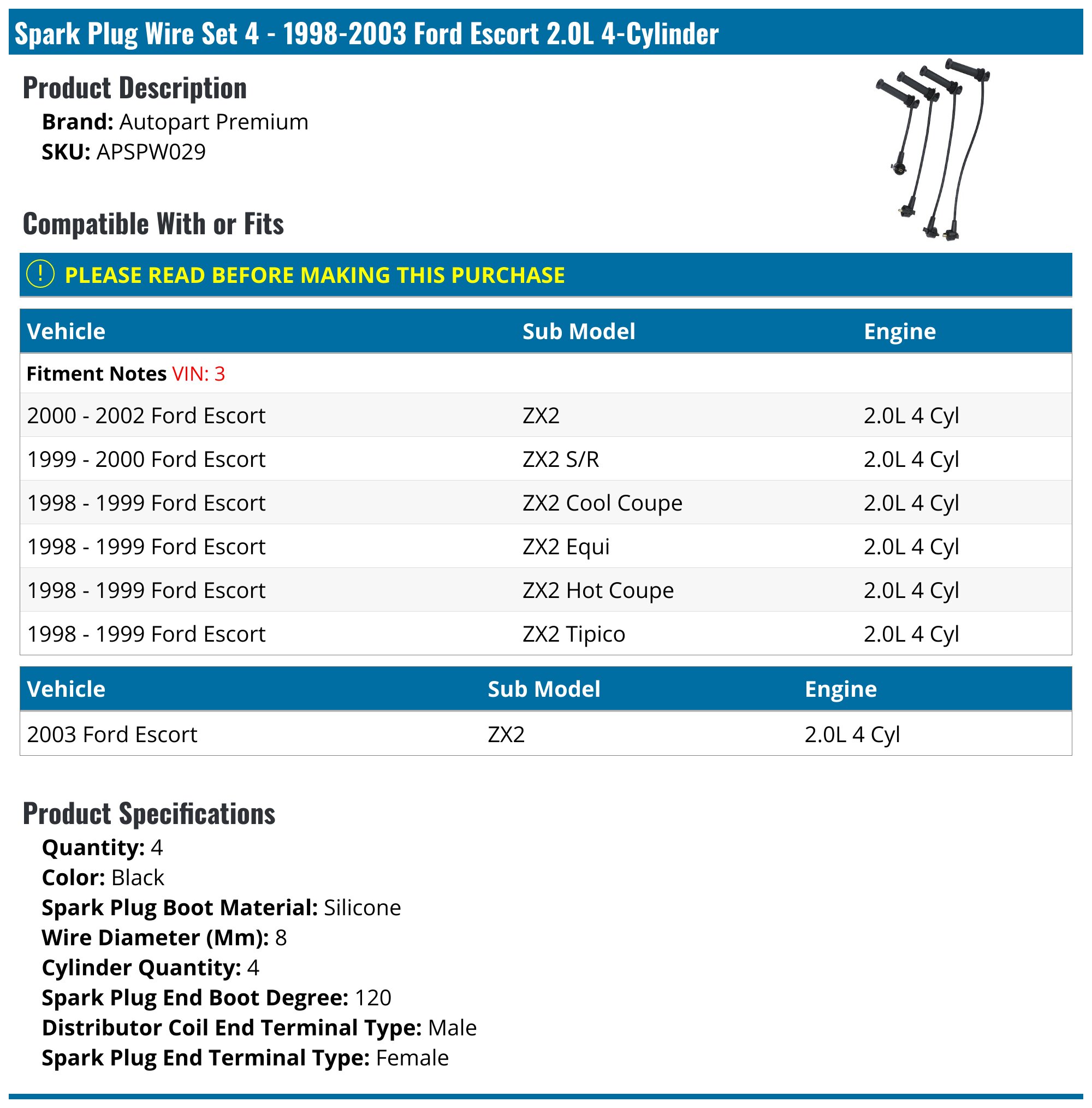 1998-2003 Ford Escort Spark Plug Wire Set - Autopart Premium