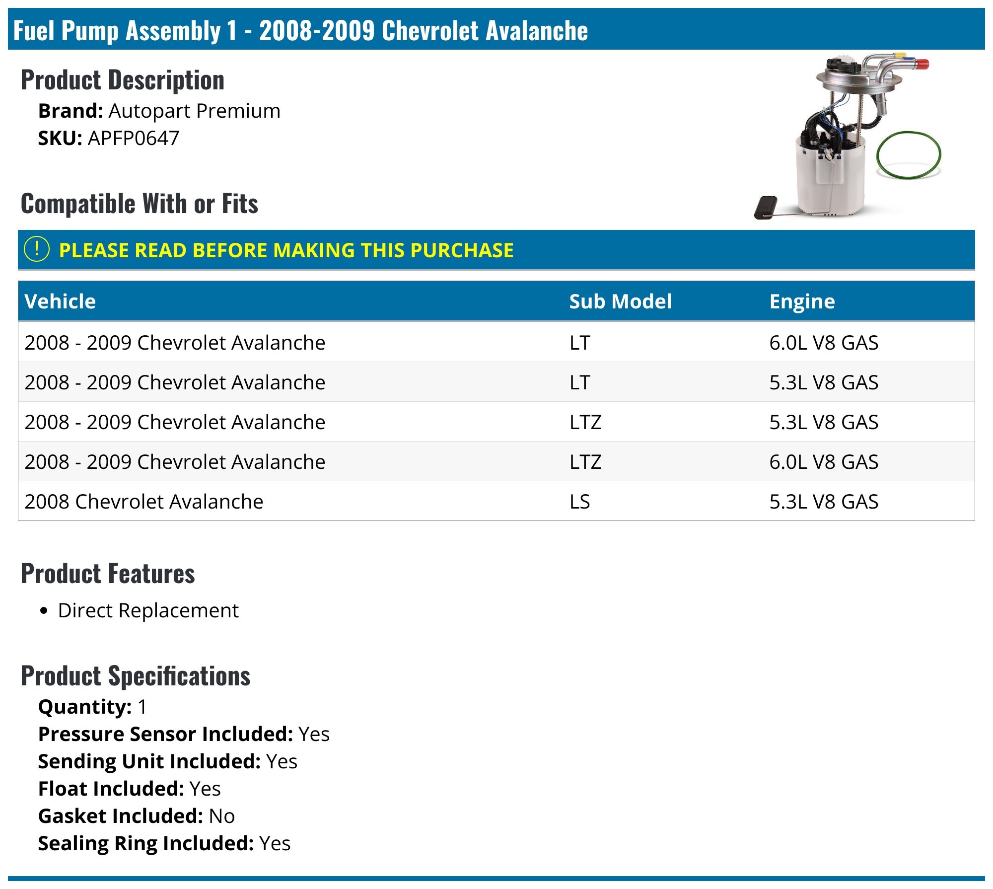 Fuel Pump Assembly – Chevy Avalanche Suburban 1500 2008-2013 V8 5.3L, With Pressure Sensor