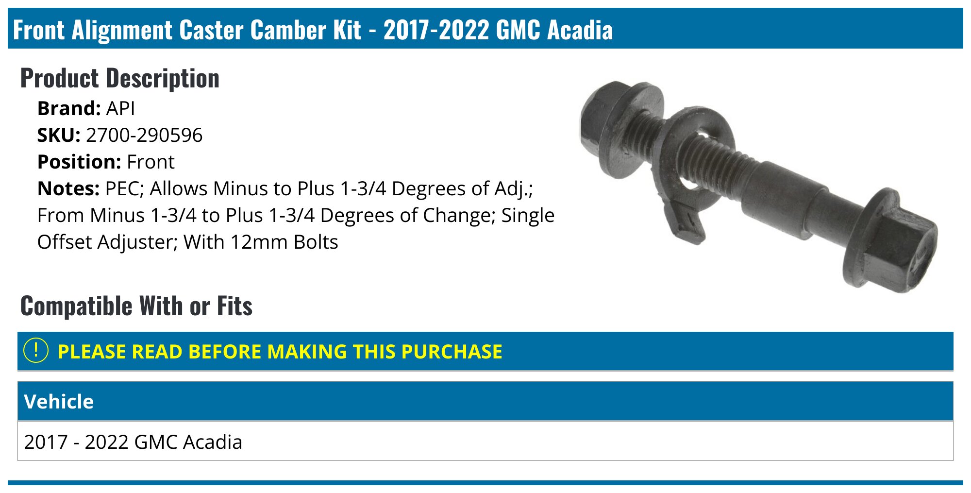 2017-2022 GMC Acadia Alignment Caster Camber Kit - API 138429-07758170 ...